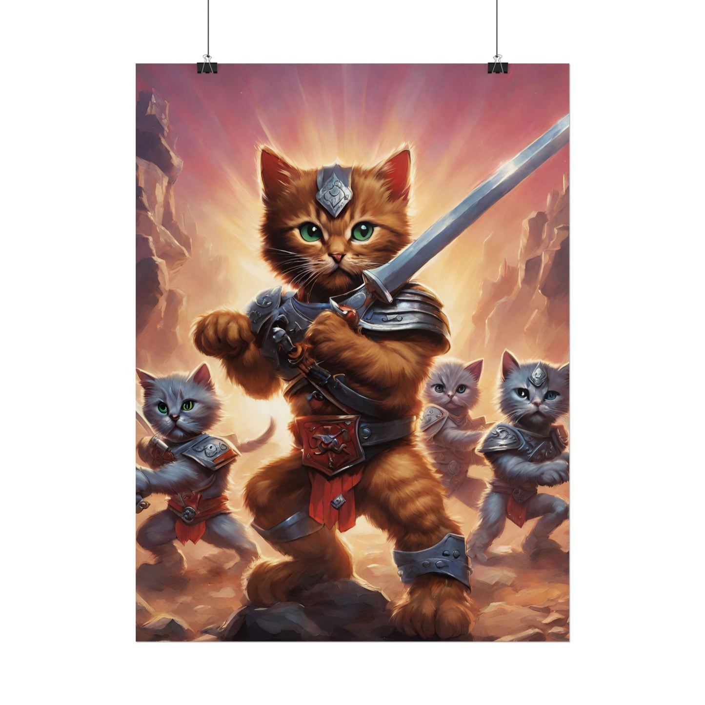 Cat Battler Warrior Poster, Office Child Bedroom Man Cave Portrait, Sword Wielding Cat Universe, Kitten Fighters Fantasy Wall Hanging