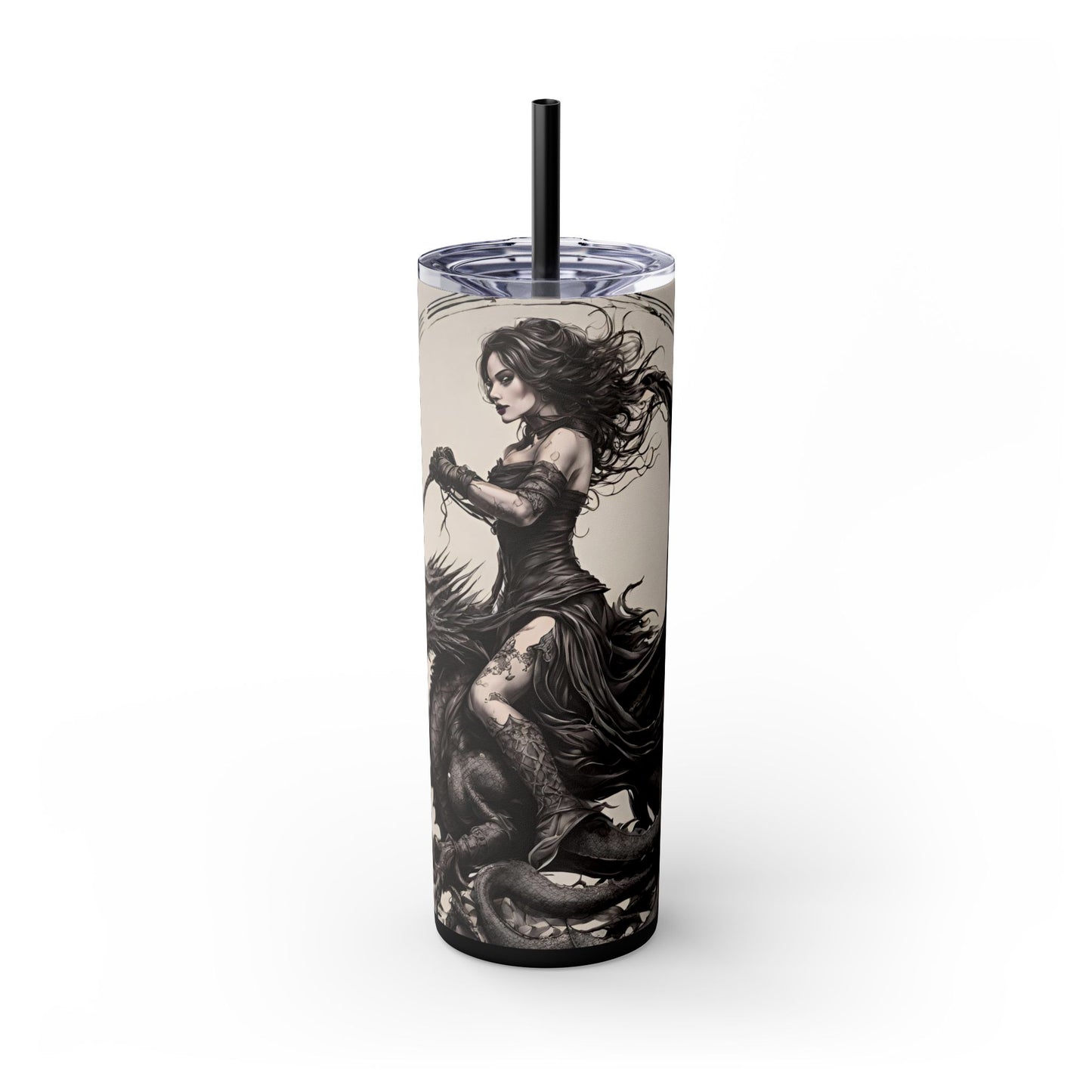 Gothic Medieval Flying Dragon Tumbler, Beautiful Woman Beast Rider Drinking Traveler, Dark Fantasy Liquid Cup