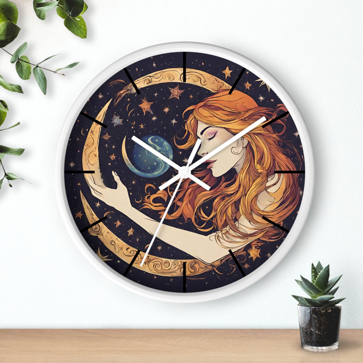 Moon Shaping Goddess Wall Art Clock | Lunar Stars & Space Astronomy Wall Hanging | Woman Morphing Home Office Solar System Wall Decor Gift