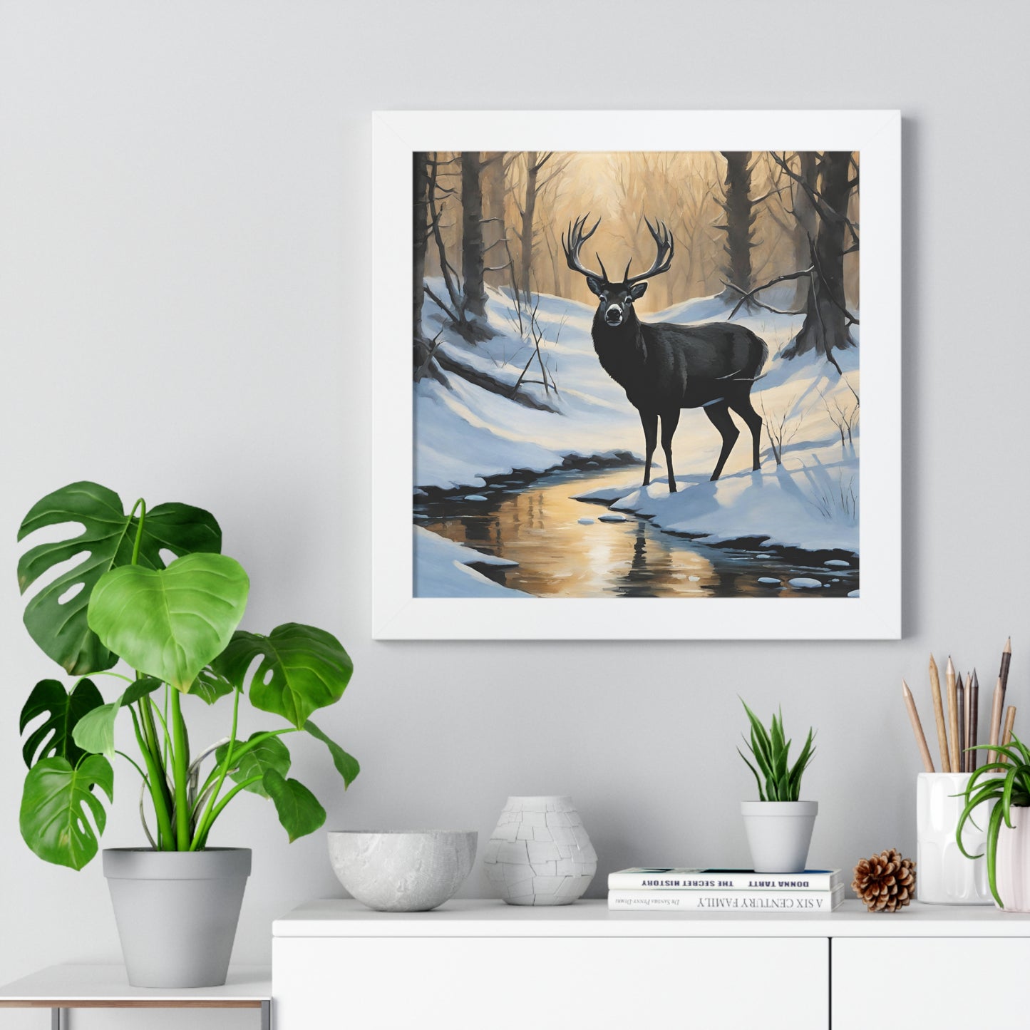 Animal Wall Art, Deer Hunter Picture, Big Buck Print, Woods, Creek, Shadow Wall Hanging, Sunset Snow Image, Living Room Poster, Framed Art