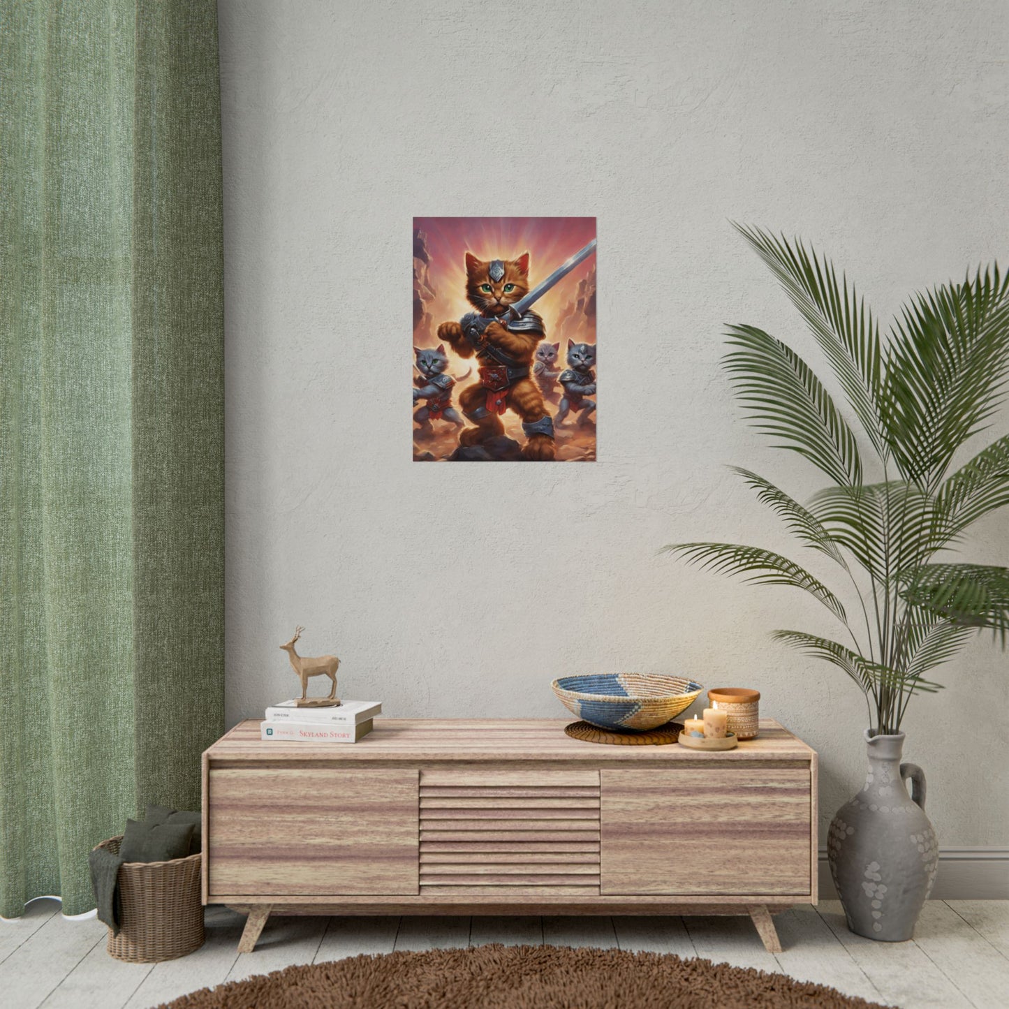 Cat Battler Warrior Poster, Office Child Bedroom Man Cave Portrait, Sword Wielding Cat Universe, Kitten Fighters Fantasy Wall Hanging
