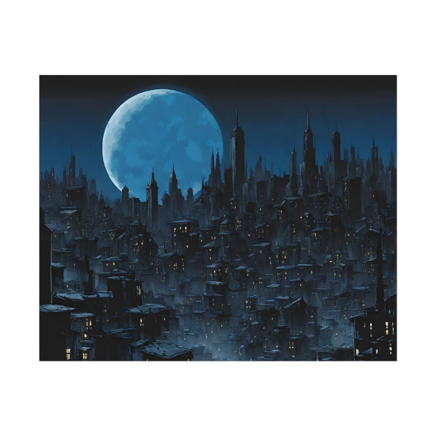 Wall Decor | Dark City Of The Night Poster | Blue Moon Darkness Falls Art | Gothic Lunar Moonlight Skyline | Living Room or Office Decor
