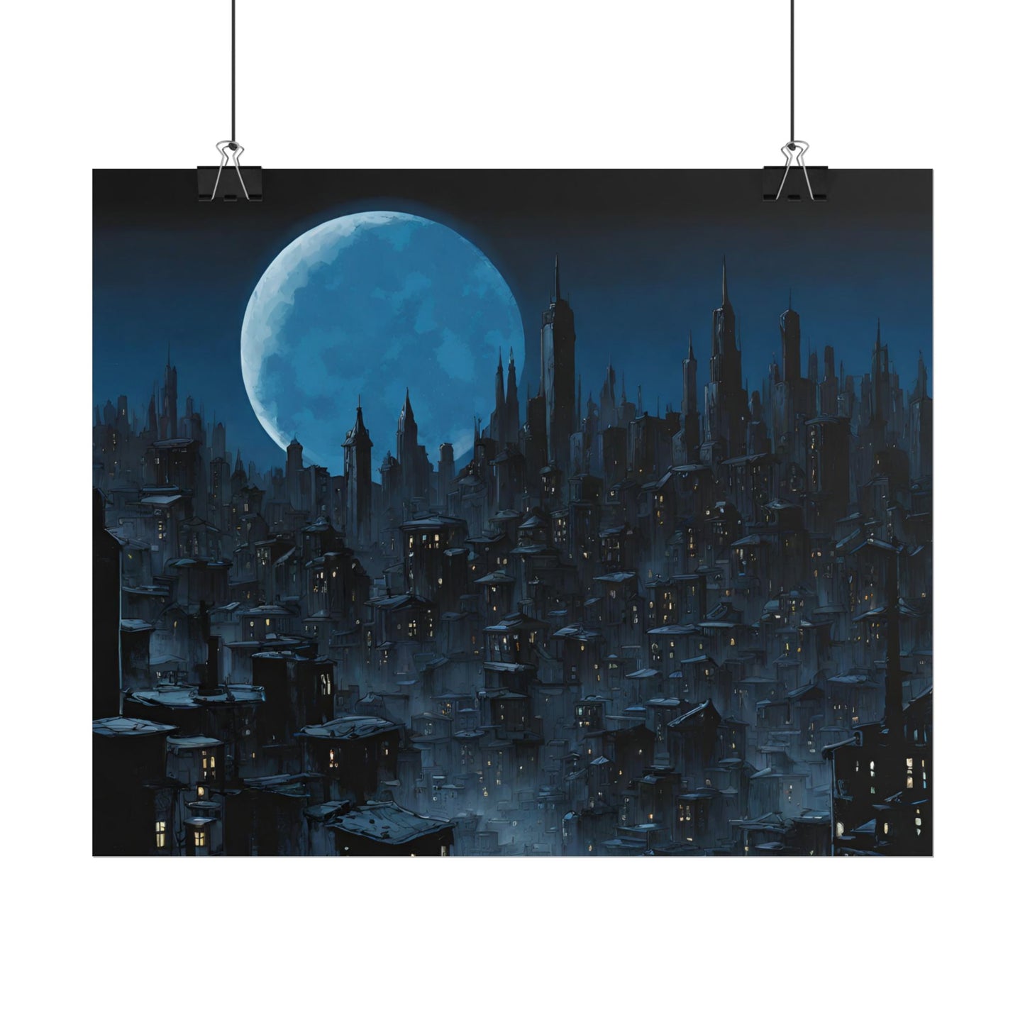 Wall Decor | Dark City Of The Night Poster | Blue Moon Darkness Falls Art | Gothic Lunar Moonlight Skyline | Living Room or Office Decor