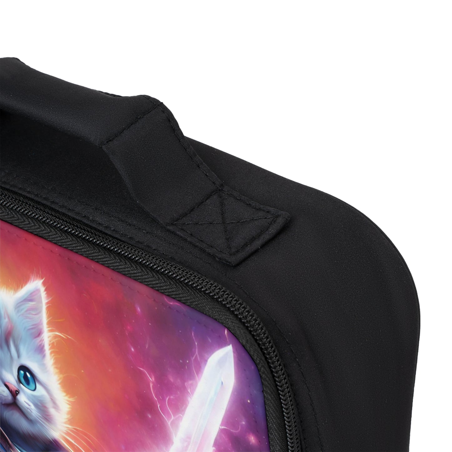 Lightning Sword Fur Warrior Cat Lunch Bag Box, Boys and Girls Colorful Sky Feline School Tote, Armored Cosmic Furry Kitten Insulated Bag
