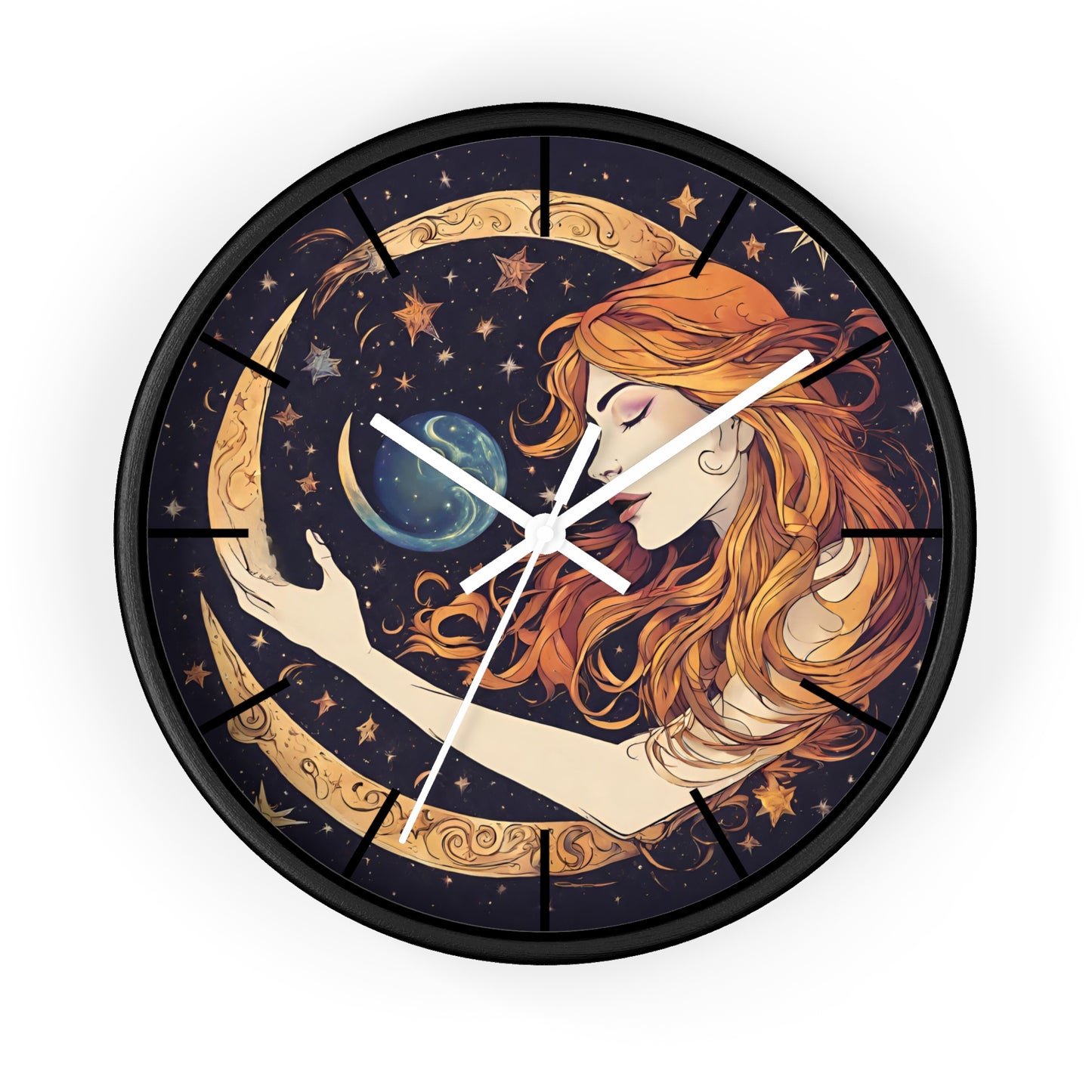 Moon Shaping Goddess Wall Art Clock | Lunar Stars & Space Astronomy Wall Hanging | Woman Morphing Home Office Solar System Wall Decor Gift