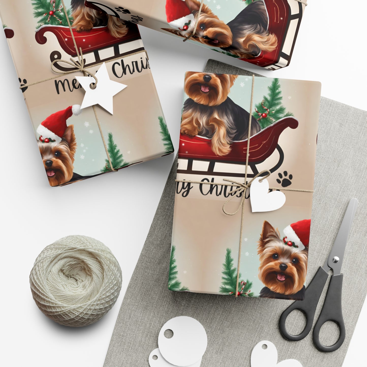 Dog Christmas Wrapping Paper, Yorkshire Terrier Sled Xmas Wrap, Santa Hat Yorkie Gift Wrap, Holiday Gift Wrap Roll