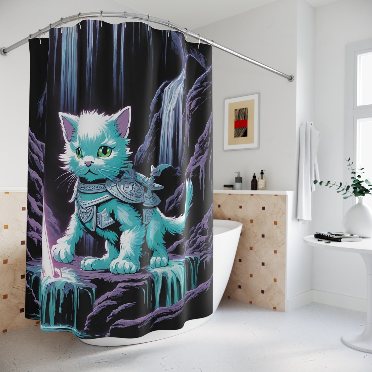 Cat Warrior Shower Curtain, Kitten Cave Explorer, Waterfall Caverns Cat, Mystical Neon Sword