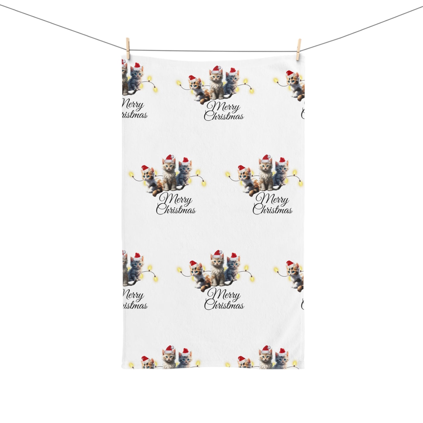 Christmas Hand Towel, Kitten Trio Towel, Santa Hat Cats Hand Cloth