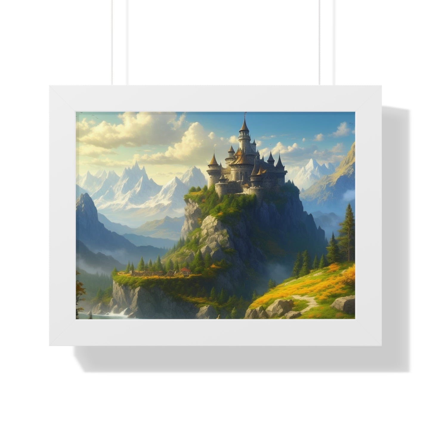 Video Game Fantasy Castle, RPG Valley Framed Poster, Mountain Nature Scene Picture, Open World Style Wall Hanging, Gamer Office Scenery