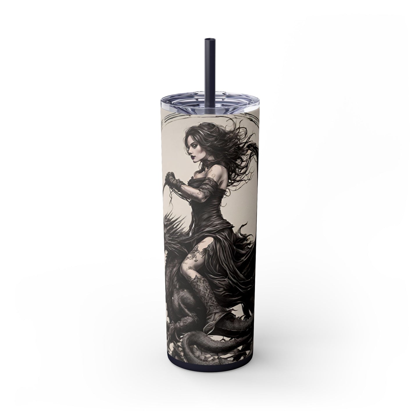 Gothic Medieval Flying Dragon Tumbler, Beautiful Woman Beast Rider Drinking Traveler, Dark Fantasy Liquid Cup
