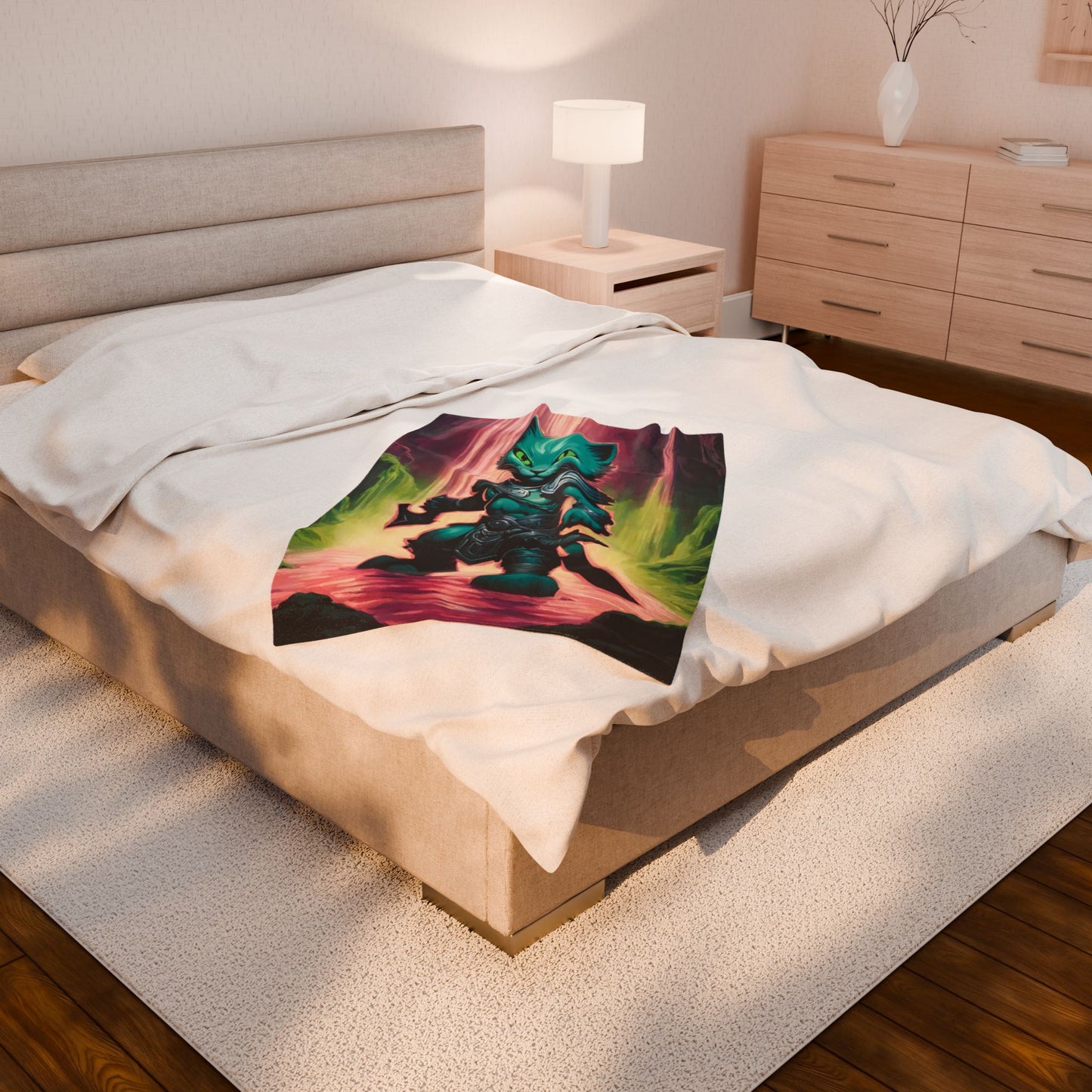 Warrior Blue Shank Cat Blanket, Waterfall Cave Kitten Warm Couch Throw, Glowing Neon Green Bed Cover, Armored Kitten Bedroom Plush Sheet