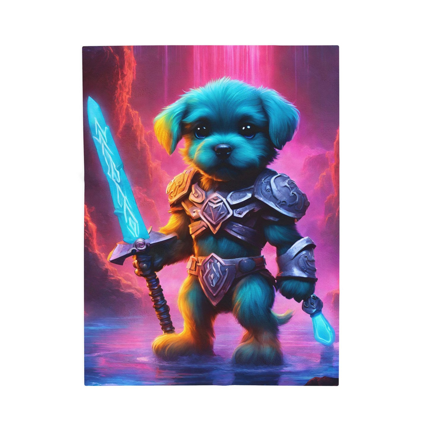 Warrior Puppy Blanket, Waterfall Dog Plush Throw Blanket, Neon Sword Seeker, Armored Pup Bed Cover, Glowing Cave Bedroom Twin Cover