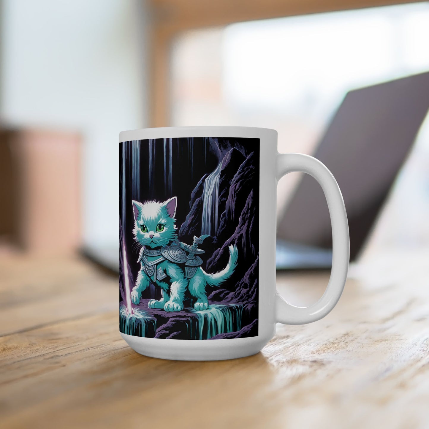 Kitten Warrior Neon Waterfall Cave Mug 15oz