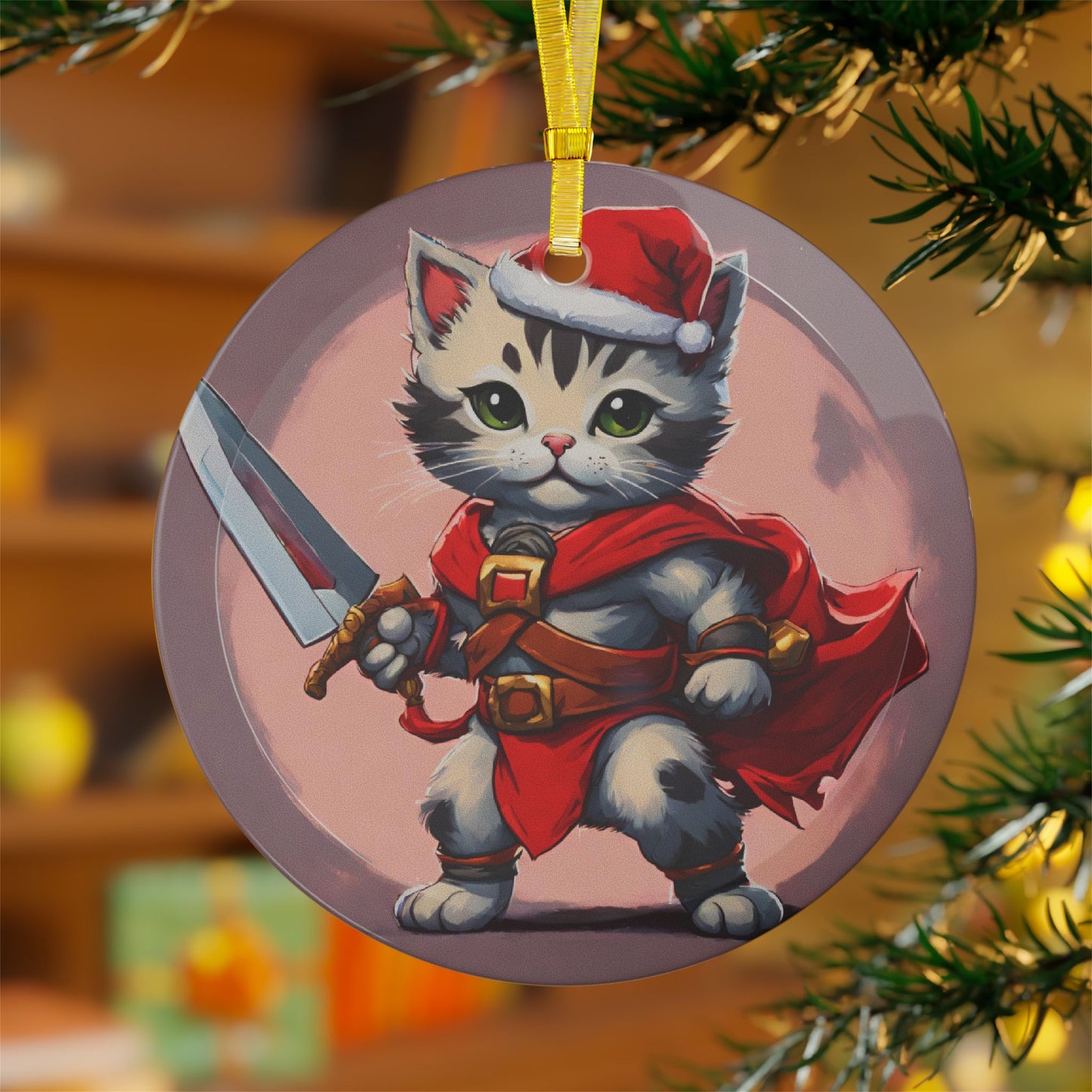Kitten Christmas Ornament, Holiday Tree Decoration, Adorable Cat Gift, Round Glass Keepsake, KITTEN WARRIOR