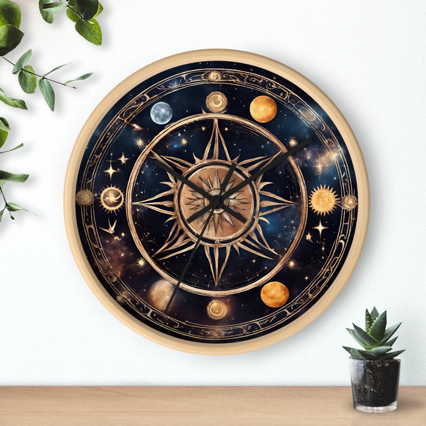 Moon Phases Solstice Star Wall Art Clock | Lunar Cycle Galaxy Astronomy Wall Hanging | Mystical Night Solar System Office Wall Decor Gift