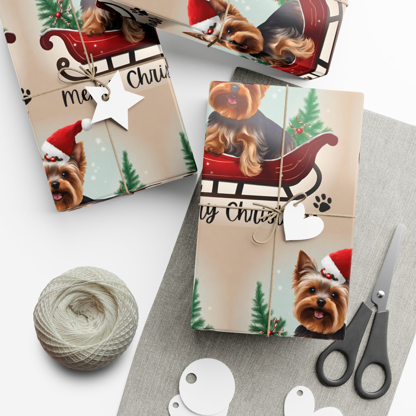 Dog Christmas Wrapping Paper, Yorkshire Terrier Sled Xmas Wrap, Santa Hat Yorkie Gift Wrap, Holiday Gift Wrap Roll