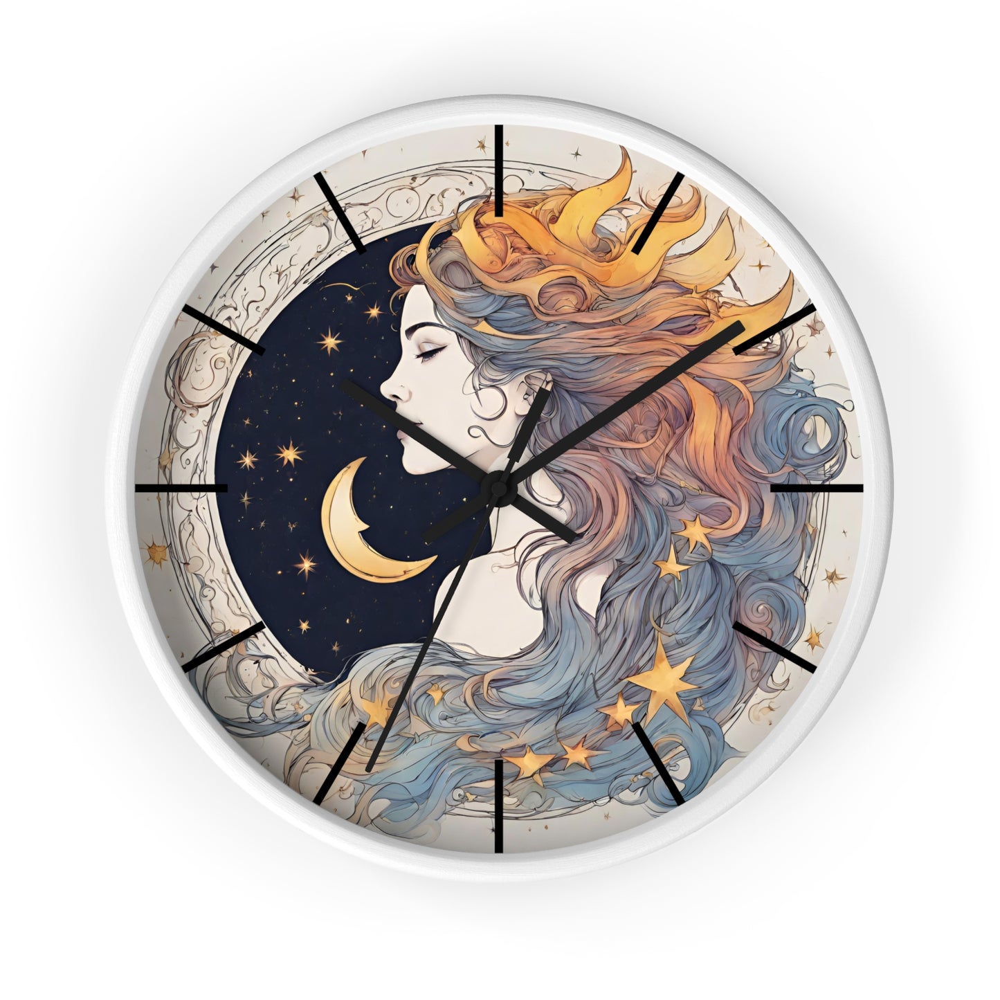 Moon Goddess Lined Wall Art Clock | Lunar Stars & Space Astronomy Wall Hanging | Woman of Time Home Office Solar System Wall Decor Gift