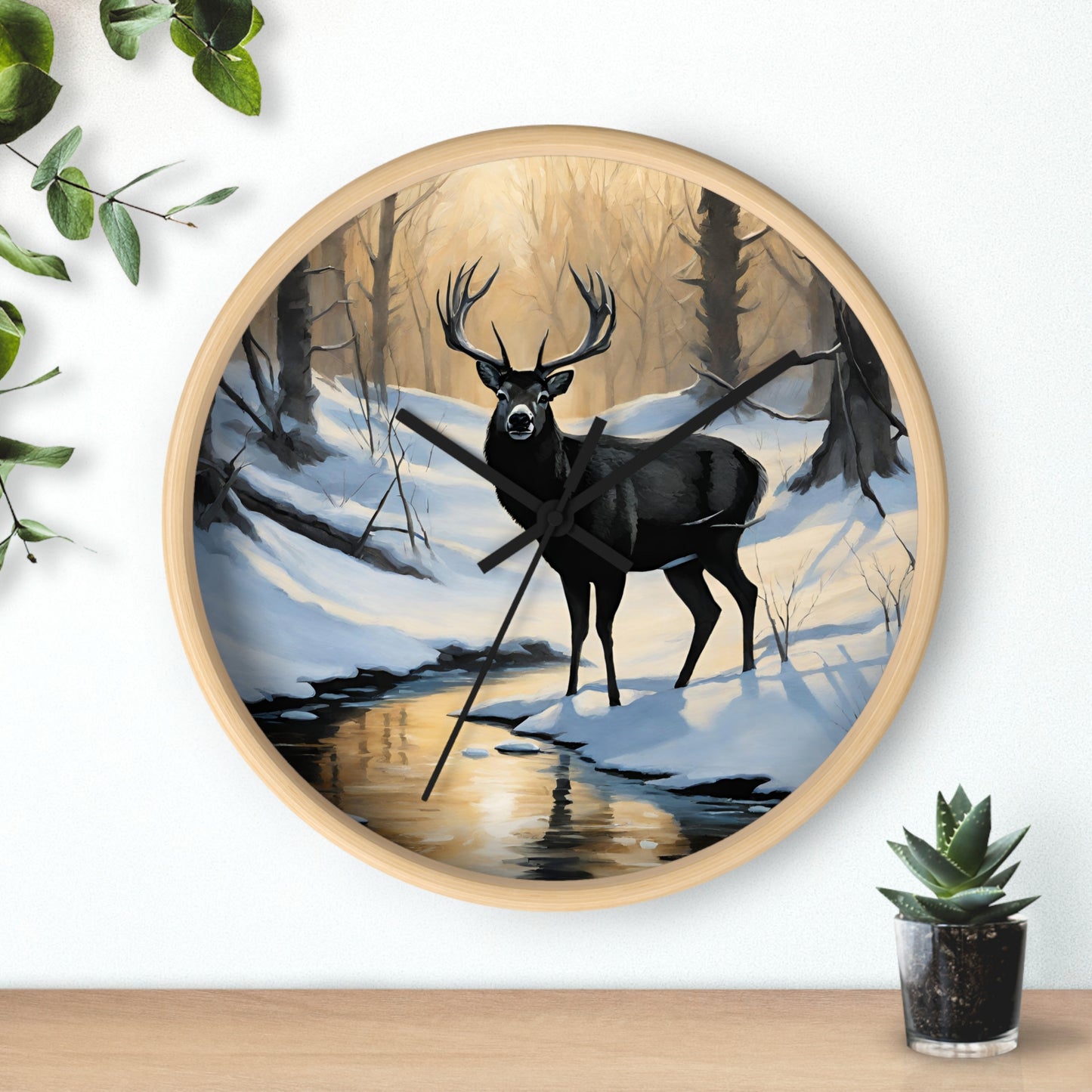Big Buck Deer Wall Art Clock | Winter Nature Scene Snowy Creek Wall Hanging | Home Office Deer Hunter Lovers Gift