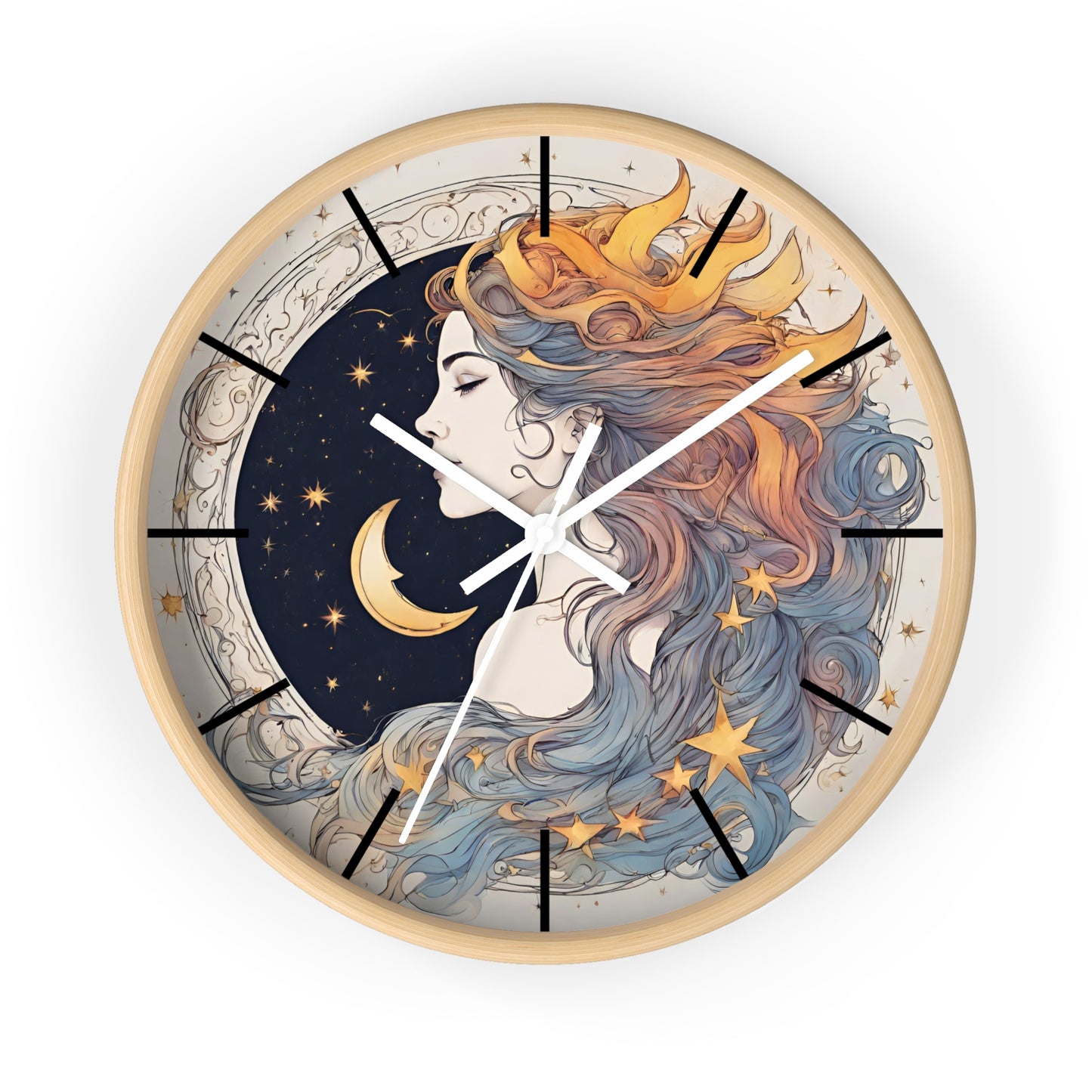 Moon Goddess Lined Wall Art Clock | Lunar Stars & Space Astronomy Wall Hanging | Woman of Time Home Office Solar System Wall Decor Gift
