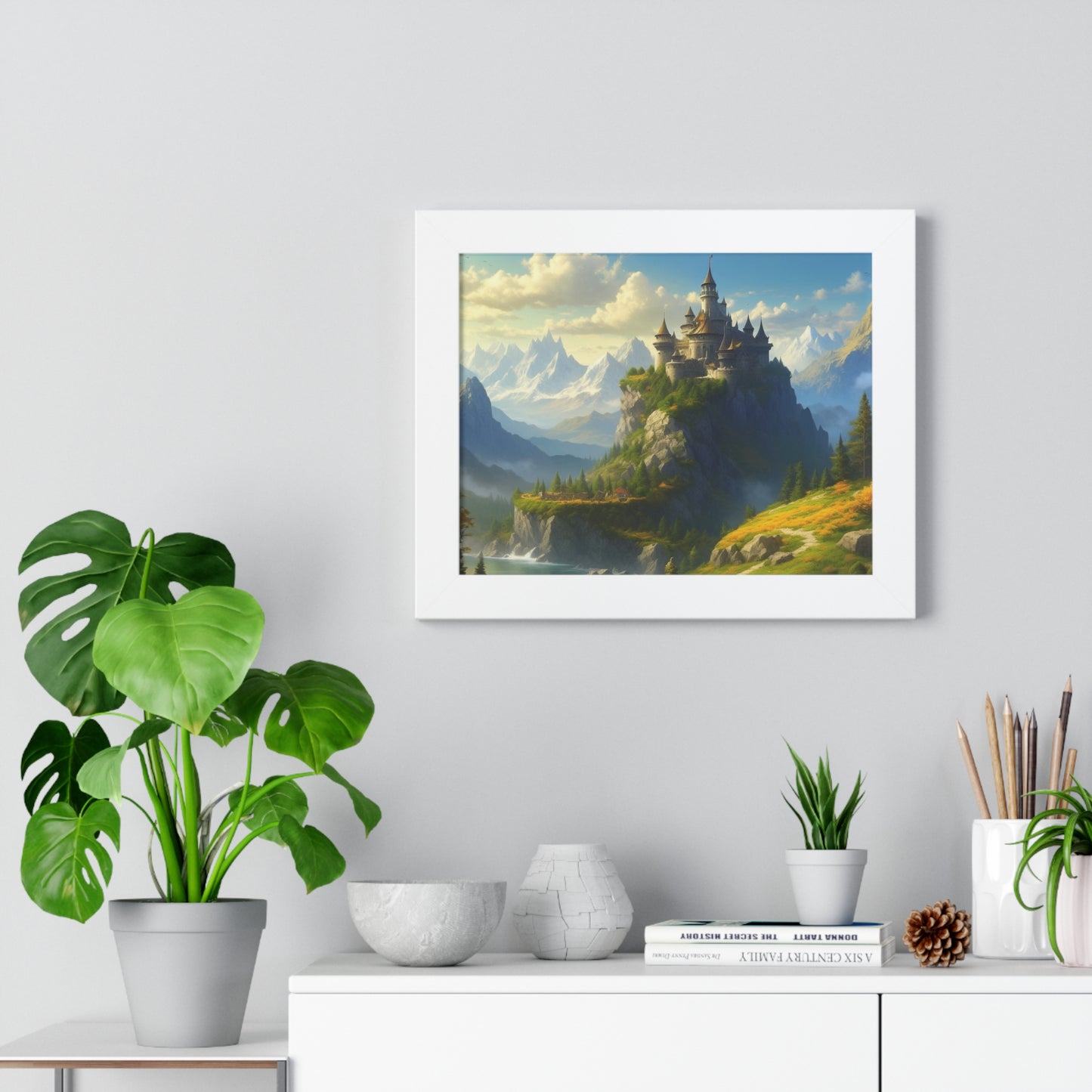 Video Game Fantasy Castle, RPG Valley Framed Poster, Mountain Nature Scene Picture, Open World Style Wall Hanging, Gamer Office Scenery