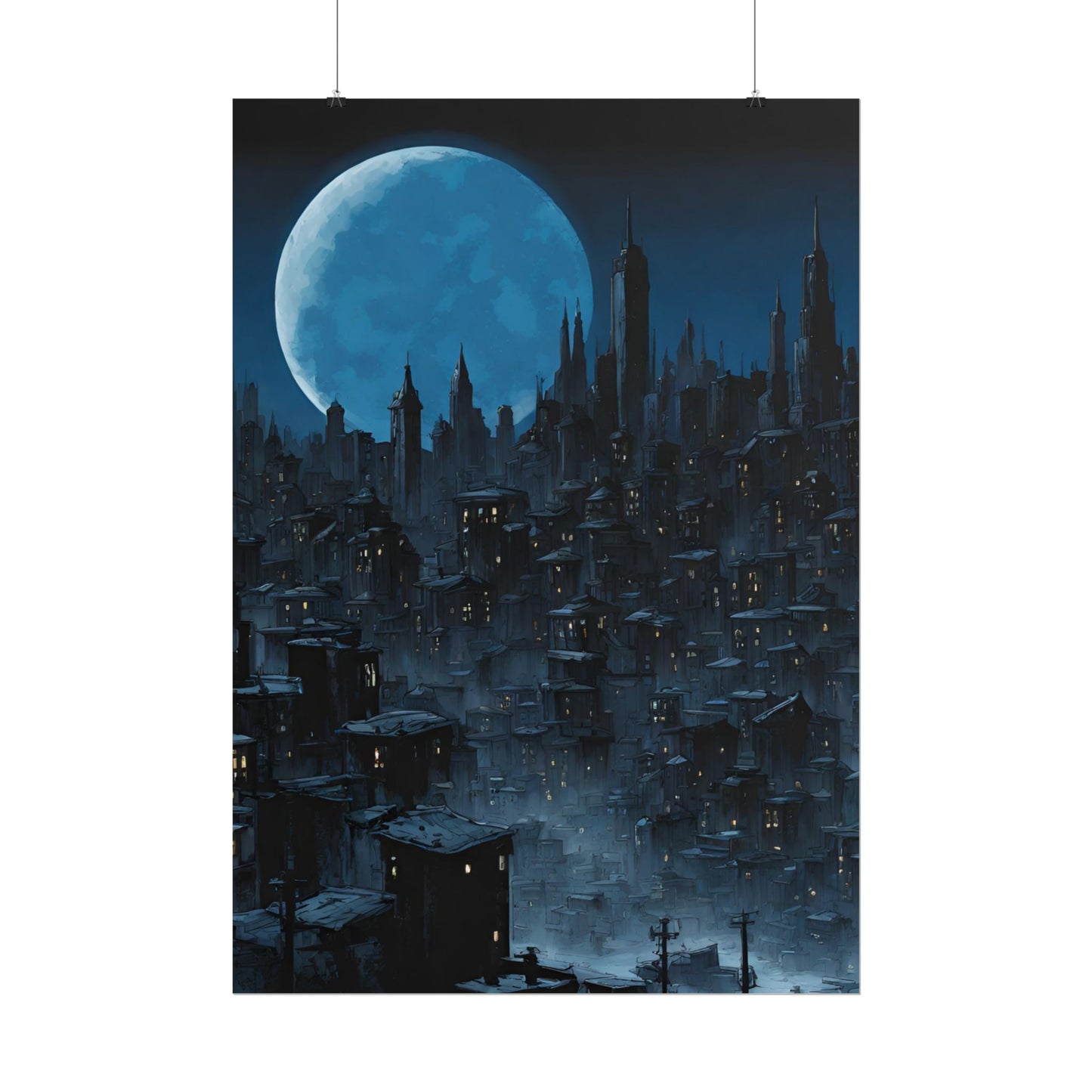 Wall Decor | Dark City Of The Night Poster | Blue Moon Darkness Falls Art | Gothic Lunar Moonlight Skyline | Living Room or Office Decor