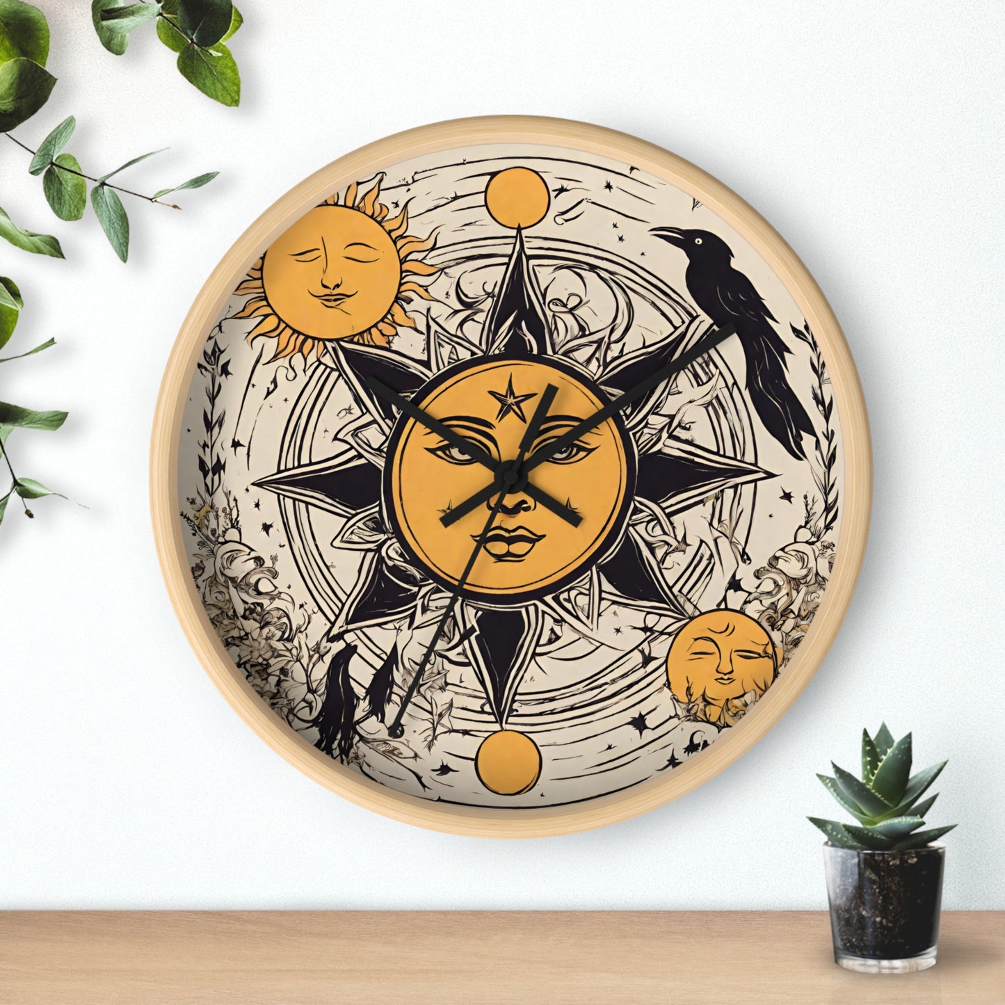 Sun Solstice Wall Art Clock | Celestial Cycle Astronomy Wall Hanging | Raven Blackbird Mockingbird Home Office Solar System Wall Decor Gift