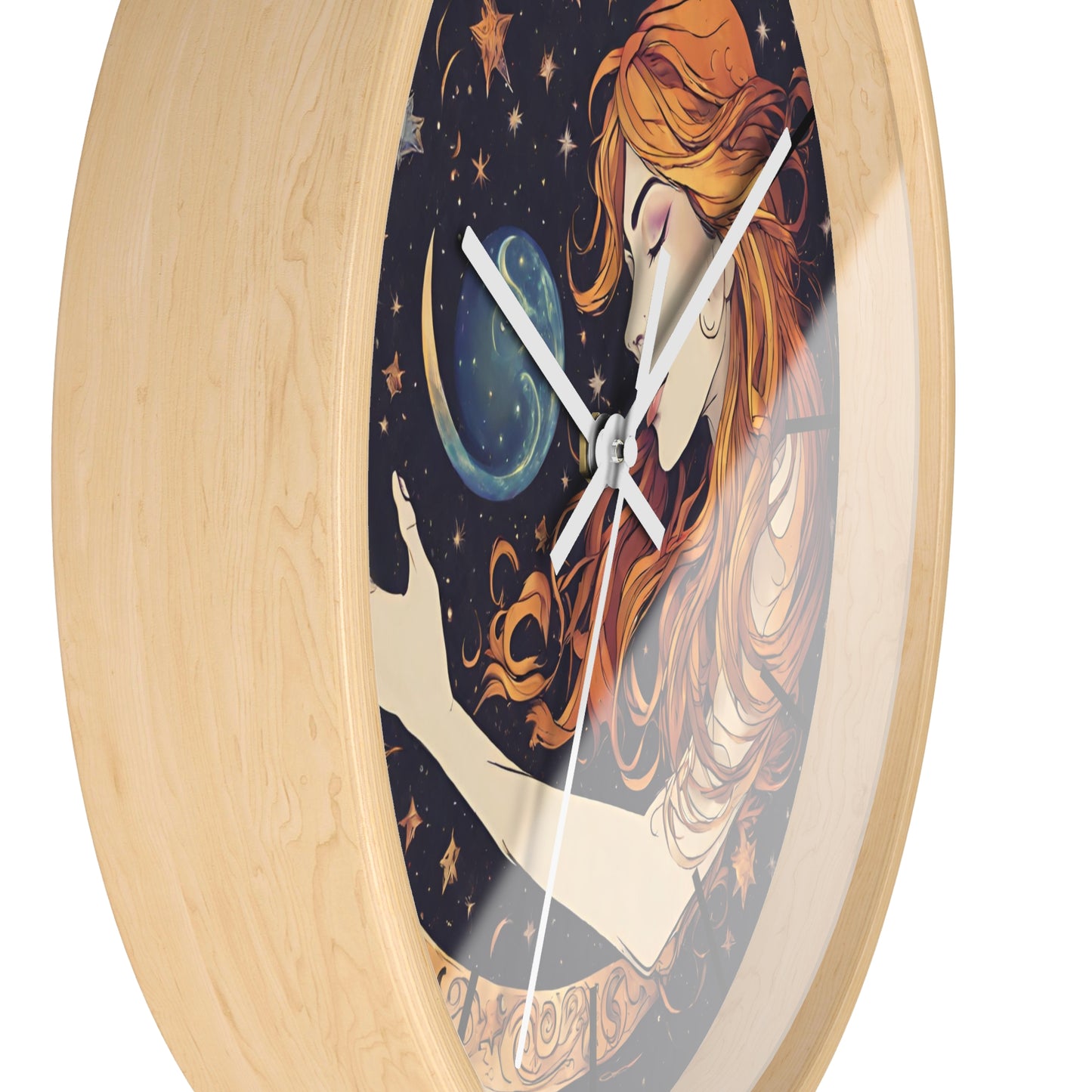 Moon Shaping Goddess Wall Art Clock | Lunar Stars & Space Astronomy Wall Hanging | Woman Morphing Home Office Solar System Wall Decor Gift