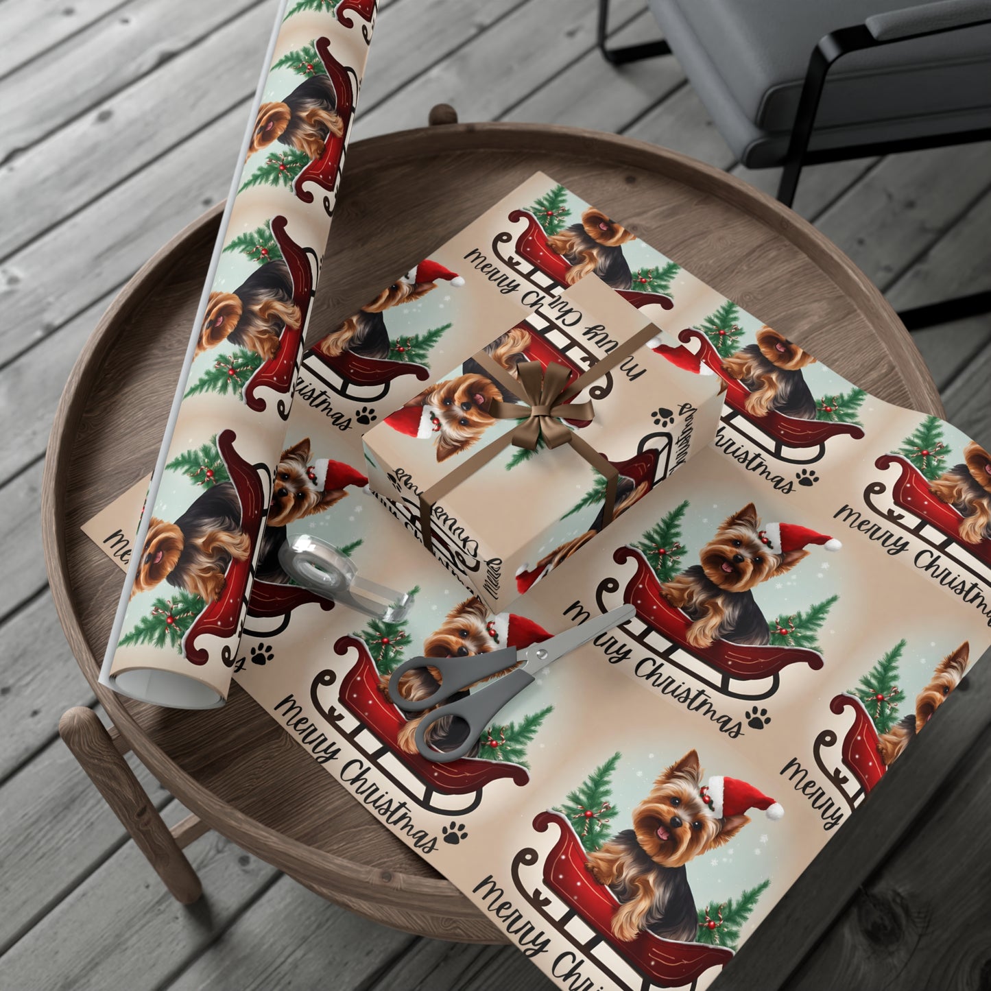 Dog Christmas Wrapping Paper, Yorkshire Terrier Sled Xmas Wrap, Santa Hat Yorkie Gift Wrap, Holiday Gift Wrap Roll