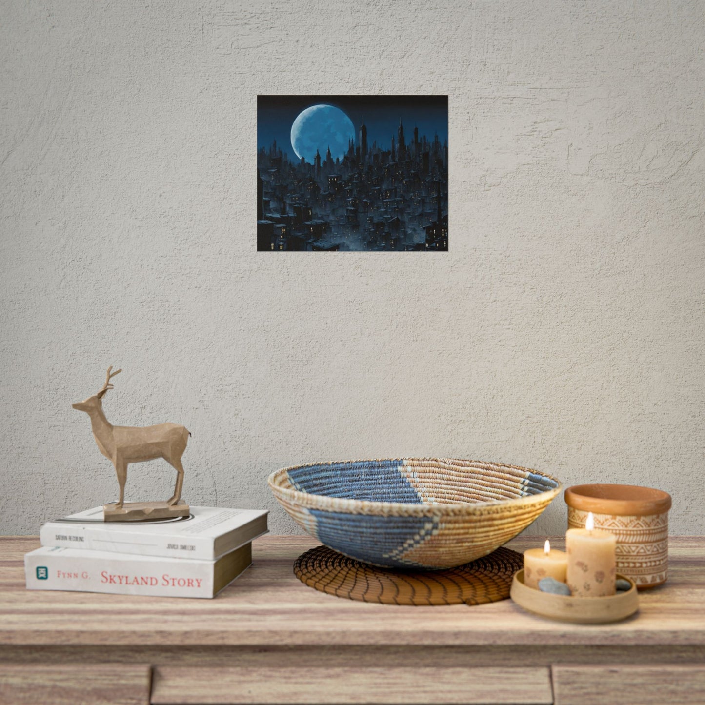 Wall Decor | Dark City Of The Night Poster | Blue Moon Darkness Falls Art | Gothic Lunar Moonlight Skyline | Living Room or Office Decor