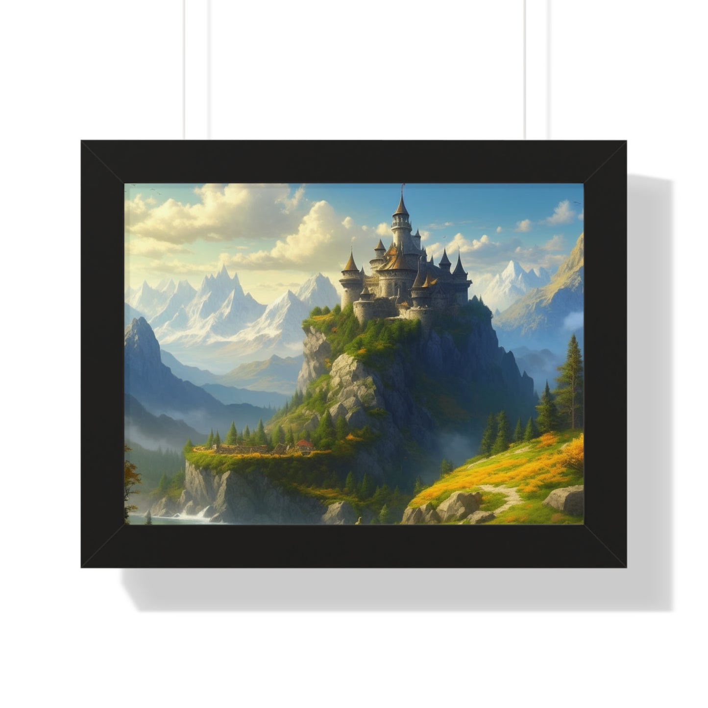 Video Game Fantasy Castle, RPG Valley Framed Poster, Mountain Nature Scene Picture, Open World Style Wall Hanging, Gamer Office Scenery