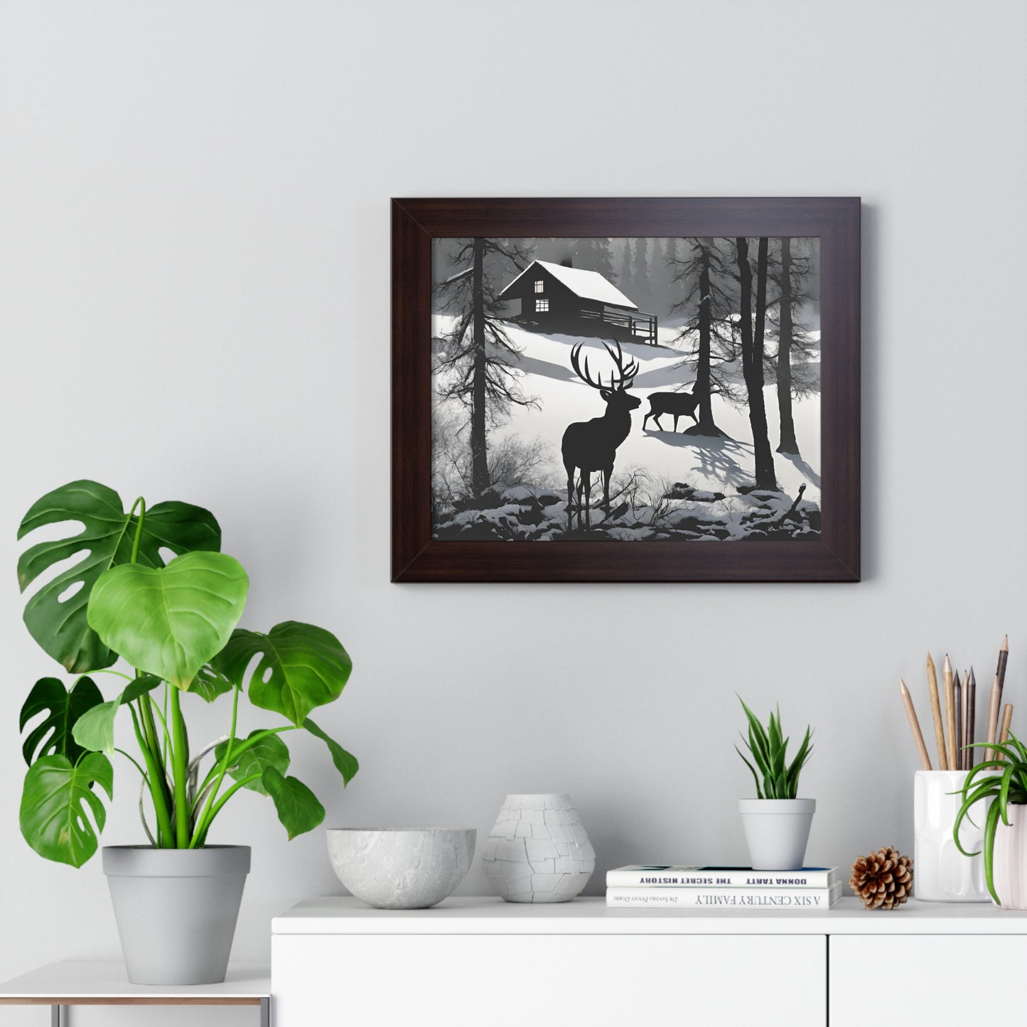 Animal Wall Art, Deer Hunter Picture, Buck Print, Hunting Cabin, Shadow Wall Hanging, Winter Snow Image, Living Room Poster, Framed Art