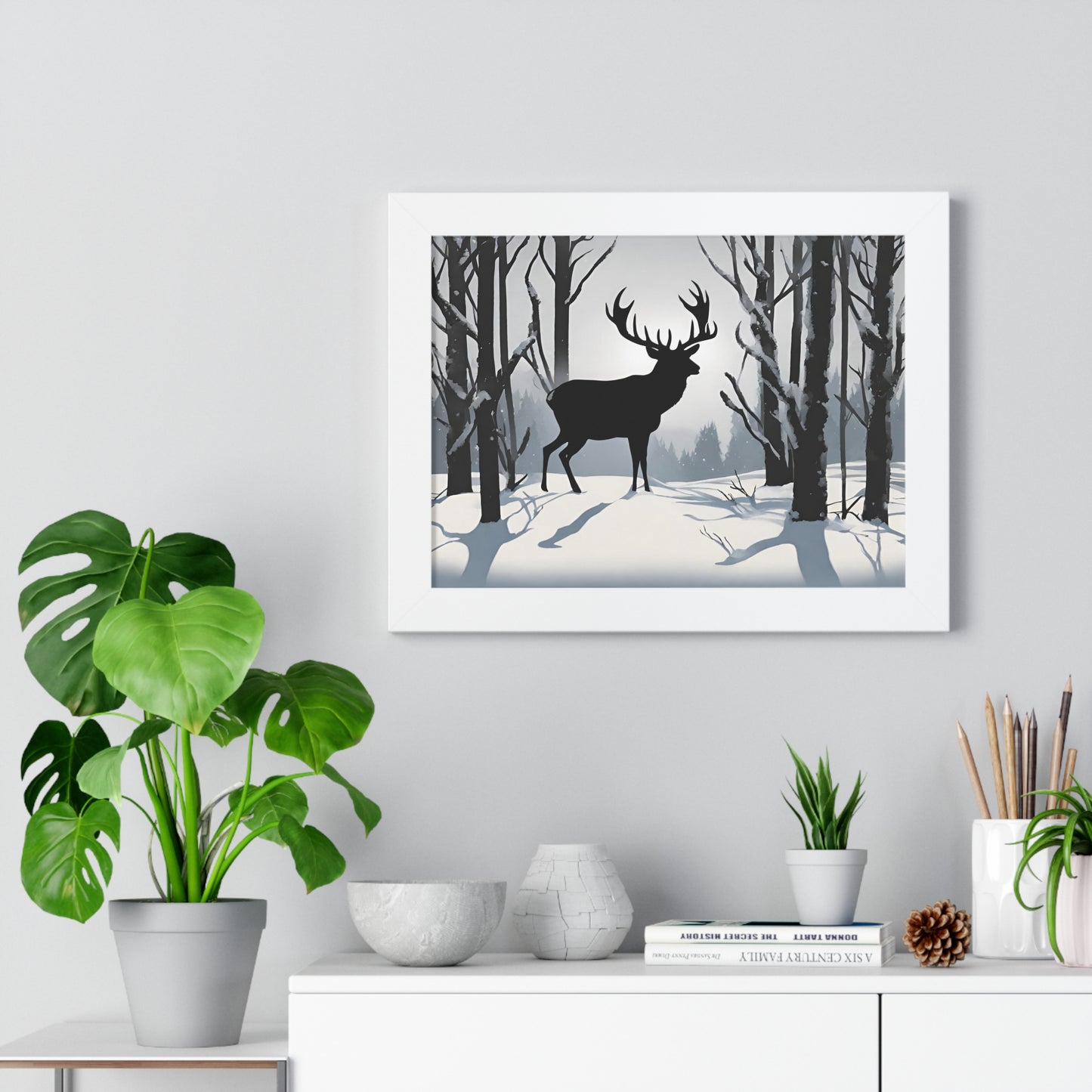 Animal Wall Art, Deer Hunter Picture, Big Buck Print, Hunting Cabin, Shadow Wall Hanging, Winter Snow Image, Living Room Poster, Framed Art