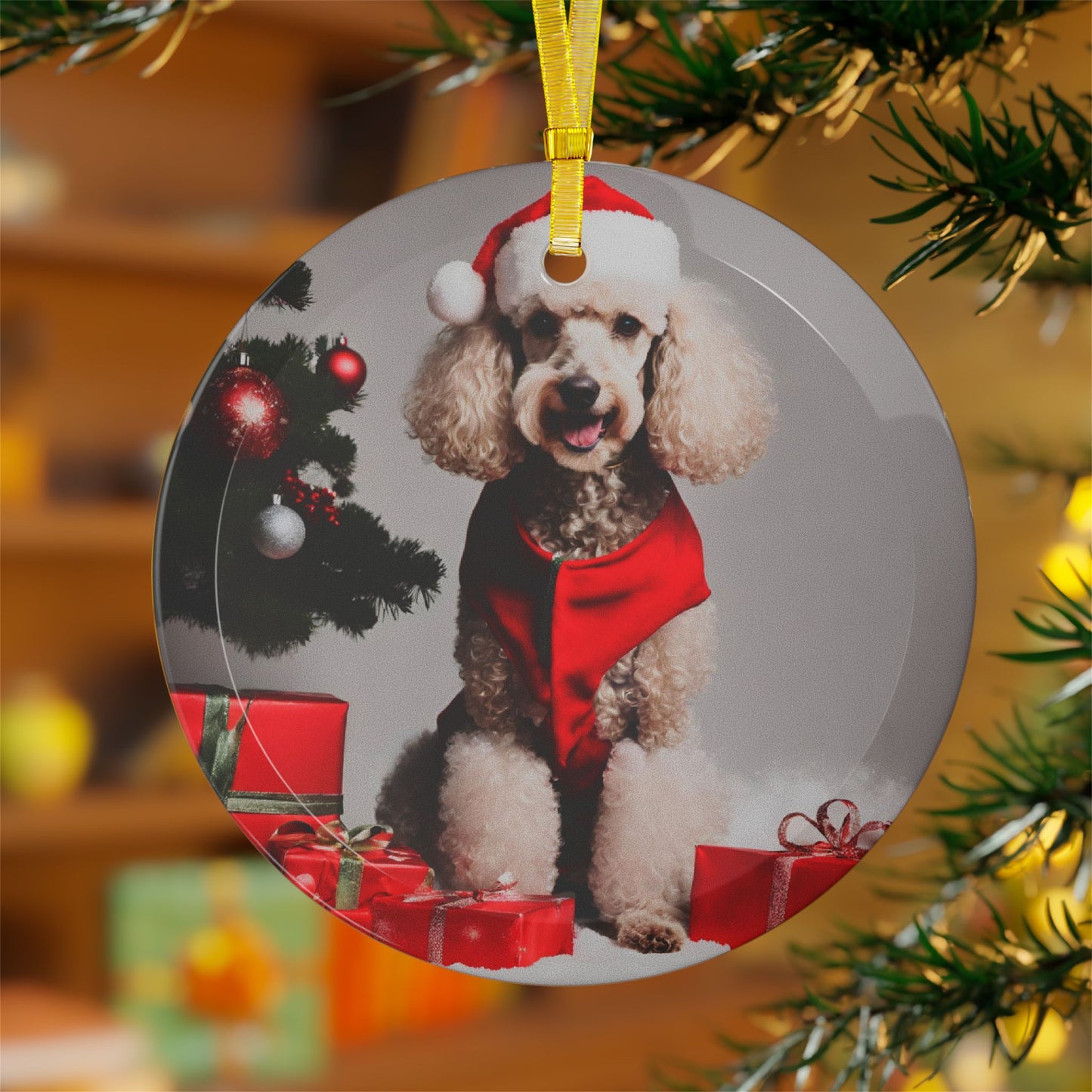 Poodle Christmas Ornament, Holiday Tree Decoration, Adorable Dog Ornament, Dog Lovers Gift, Round Glass Keepsake, Pet Xmas Collectible