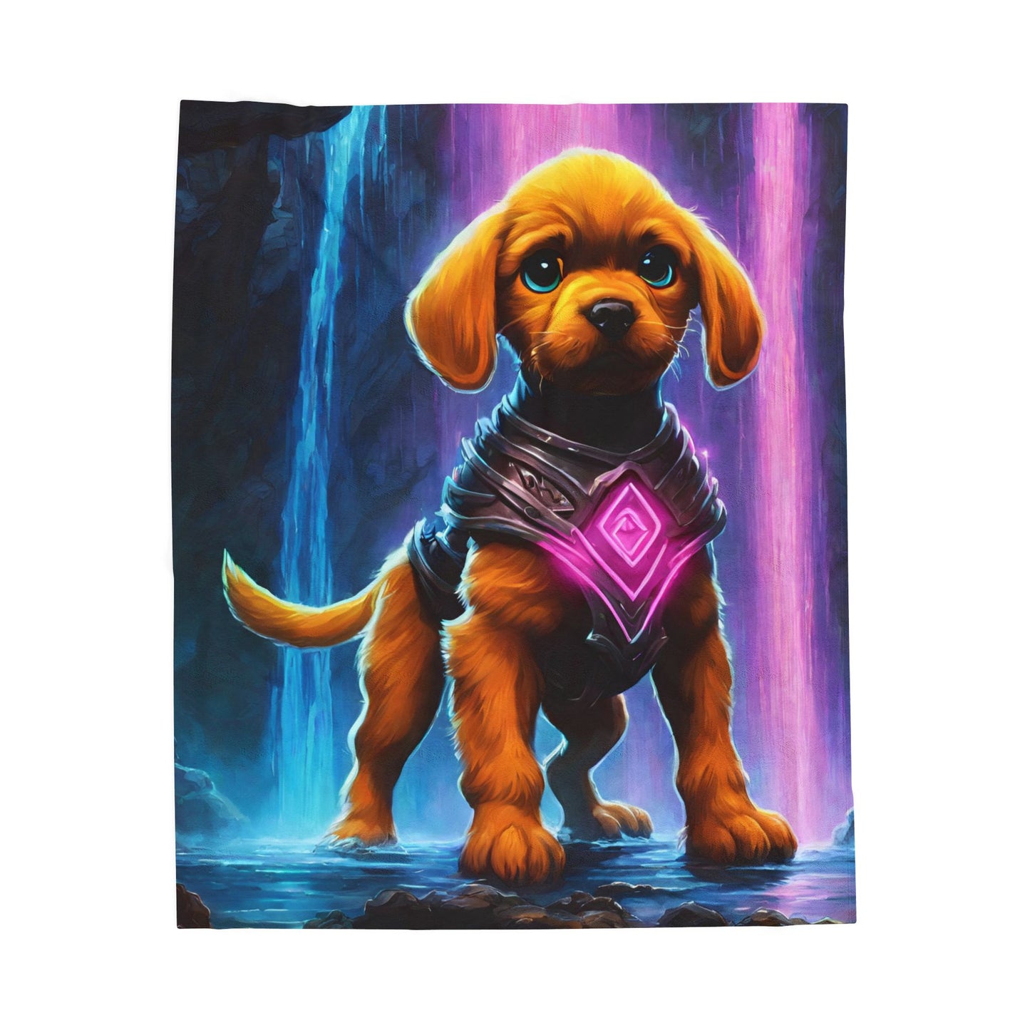 Warrior Puppy Blanket, Waterfall Dog Plush Throw Blanket, Cosmic Neon Armored Pup Bed Cover, Glowing Cave Bedroom Twin Cover