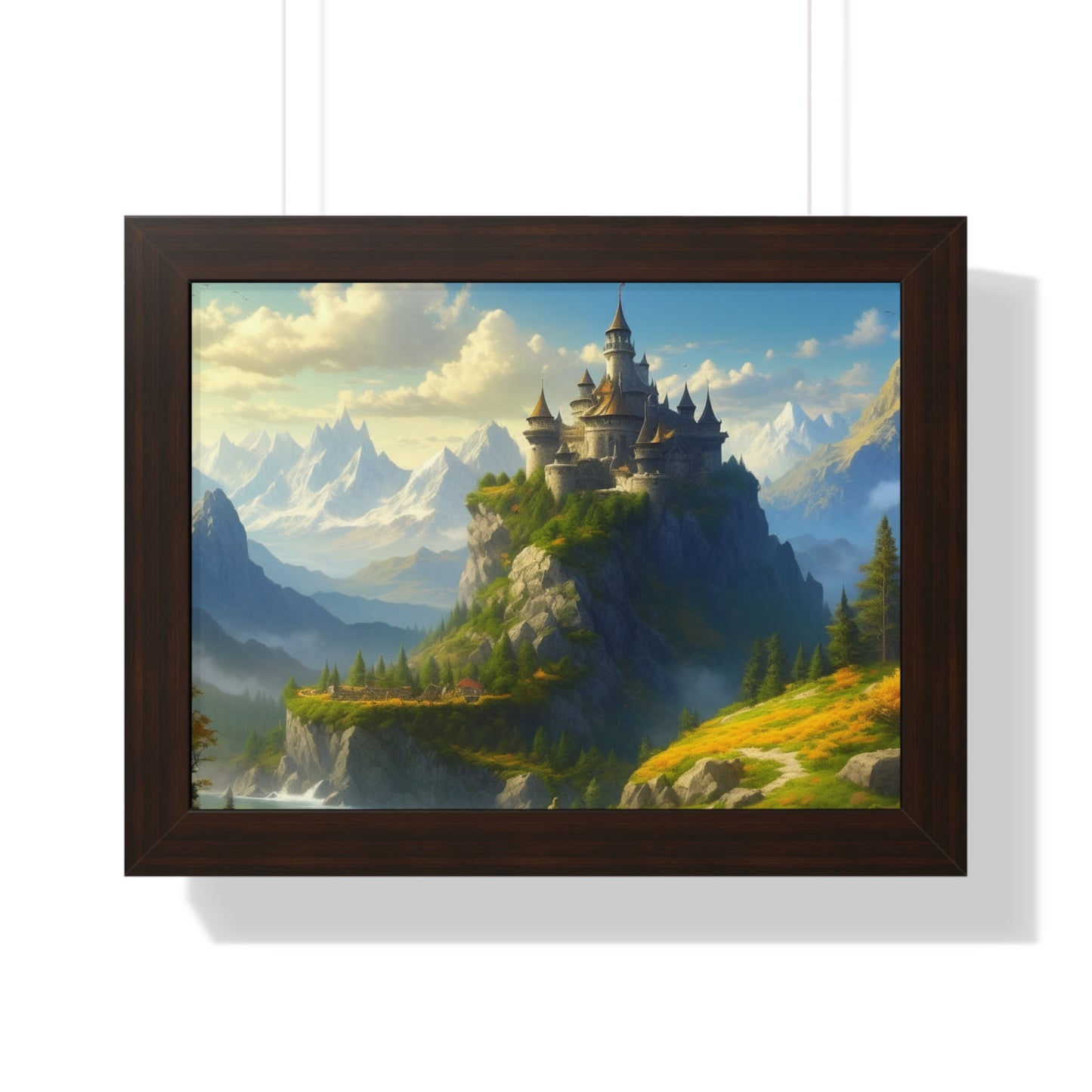 Video Game Fantasy Castle, RPG Valley Framed Poster, Mountain Nature Scene Picture, Open World Style Wall Hanging, Gamer Office Scenery