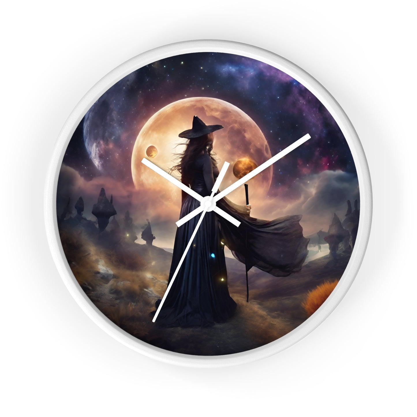 Wiccan Moon Wall Art Clock | Mystical Fantasy Galaxy Witch Pagan Astronomy Wall Hanging | Home Office Lunar Witchcraft Wall Decor Gift