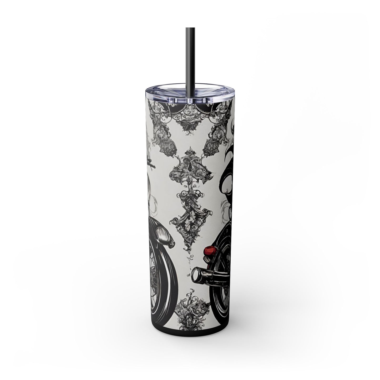 Gothic Beauty Biker Skinny Tumbler, Biker Babe Motorcycle Traveler, Leather Clad Hot or Cold Drinking Cup, Exercise Workout Beverage Holder