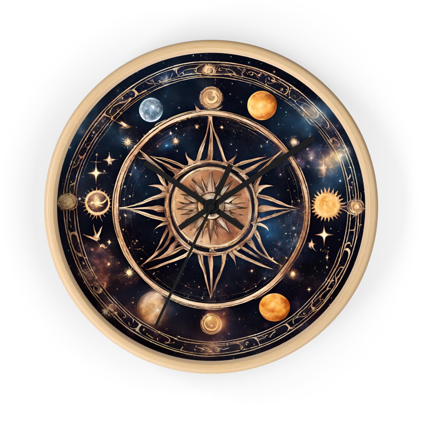 Moon Phases Solstice Star Wall Art Clock | Lunar Cycle Galaxy Astronomy Wall Hanging | Mystical Night Solar System Office Wall Decor Gift
