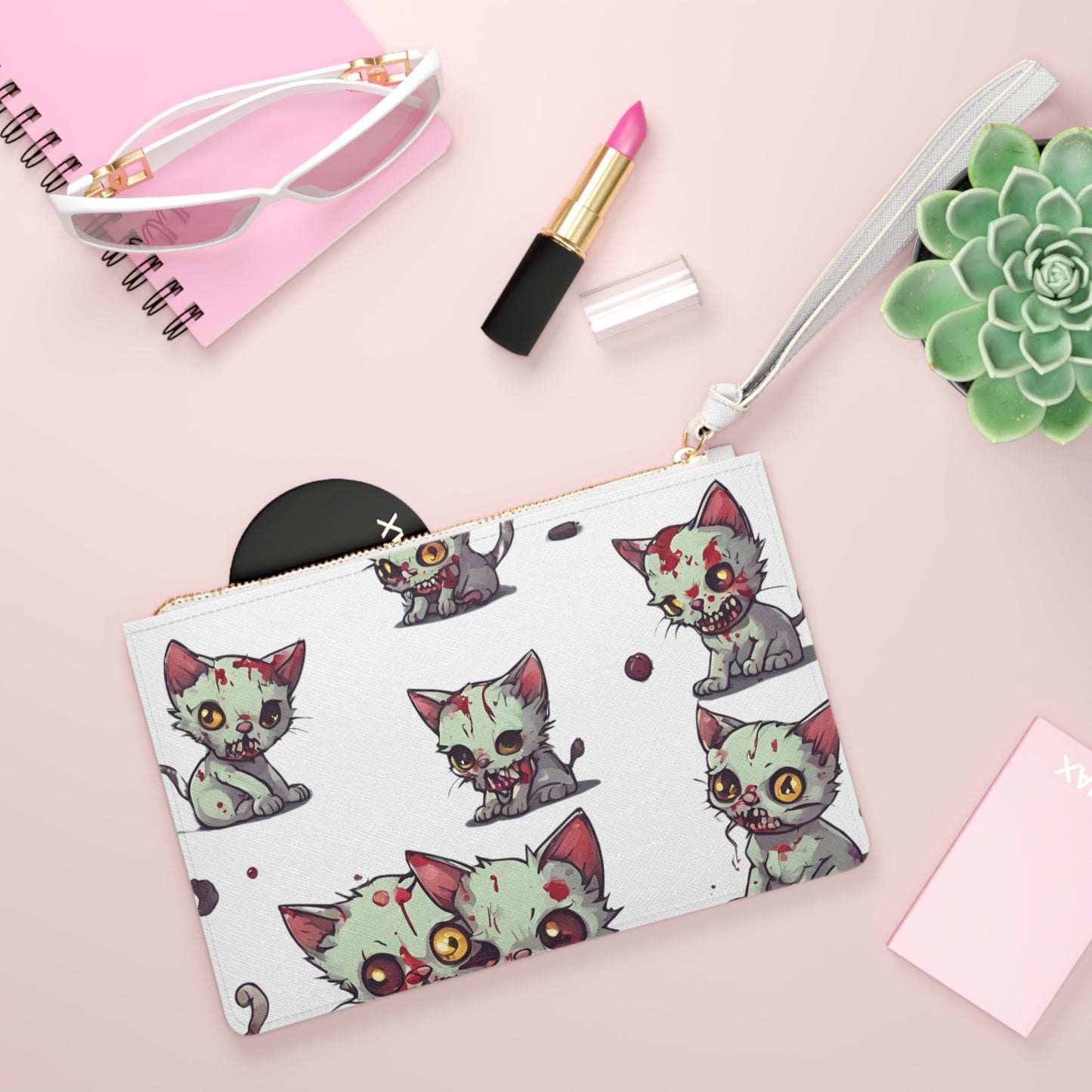 Zombie Cat Clutch Bag, Undead Brain Kittens Makeup Case, Bloody Gray Feline Kitty Wallet Purse, Cute Zombie Lover Gift