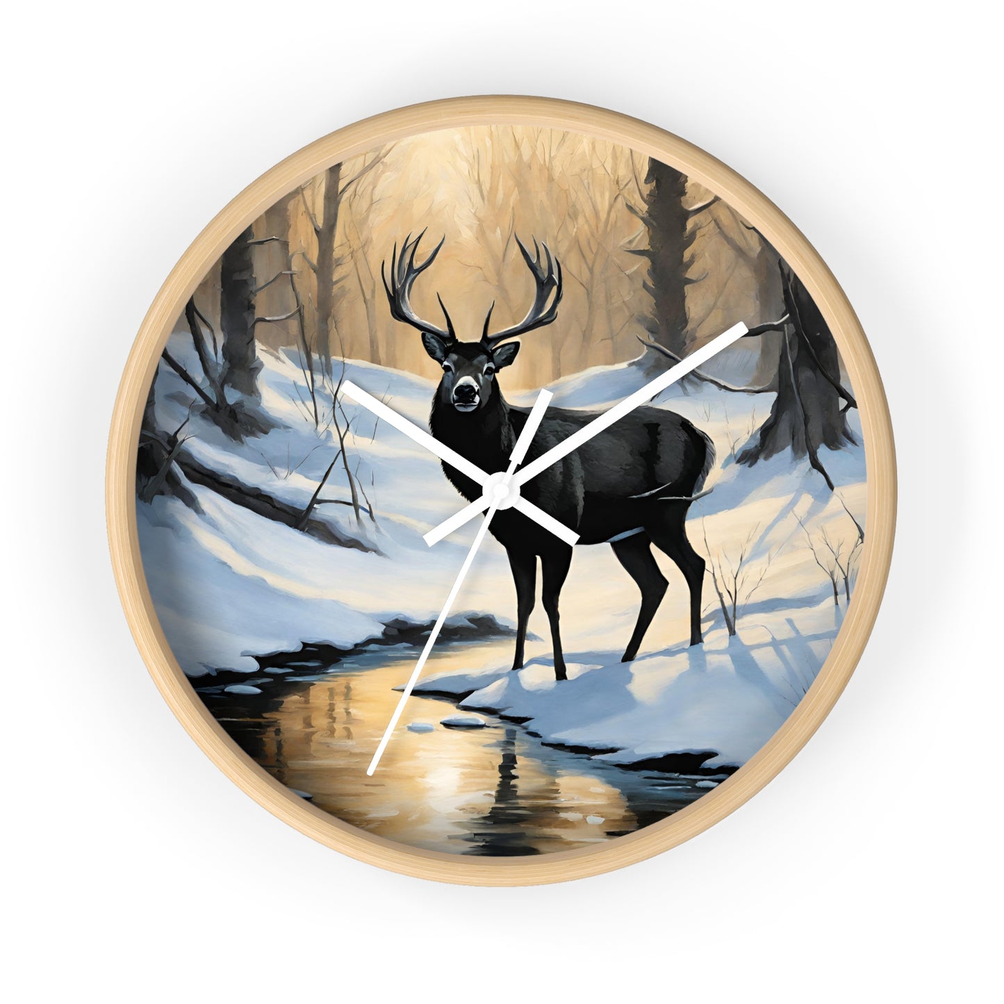 Big Buck Deer Wall Art Clock | Winter Nature Scene Snowy Creek Wall Hanging | Home Office Deer Hunter Lovers Gift