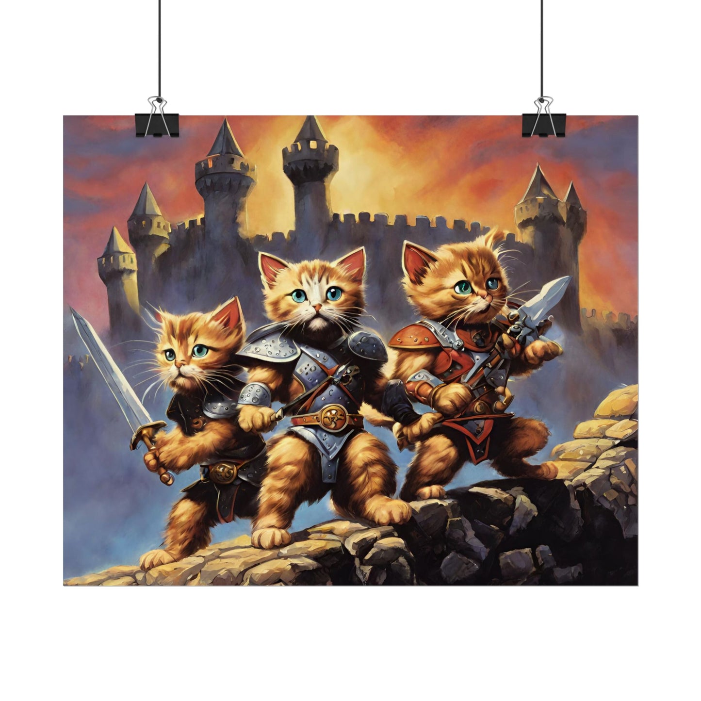 Cat Battler Warrior Poster, Office Bedroom Man Cave Portrait, Sword Wielding Cat Universe, Kitten Fighters Fantasy Wall Hanging
