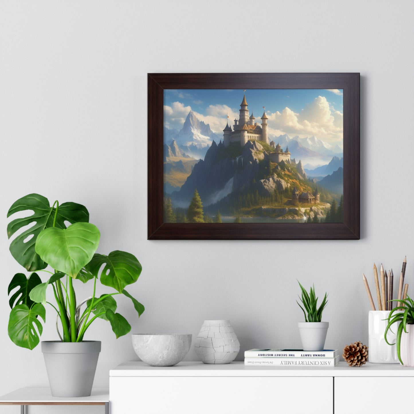 Video Game Fantasy Castle, RPG Valley Framed Poster, Mountain Nature Scene Picture, Open World Style Wall Hanging, Gamer Office Scenery