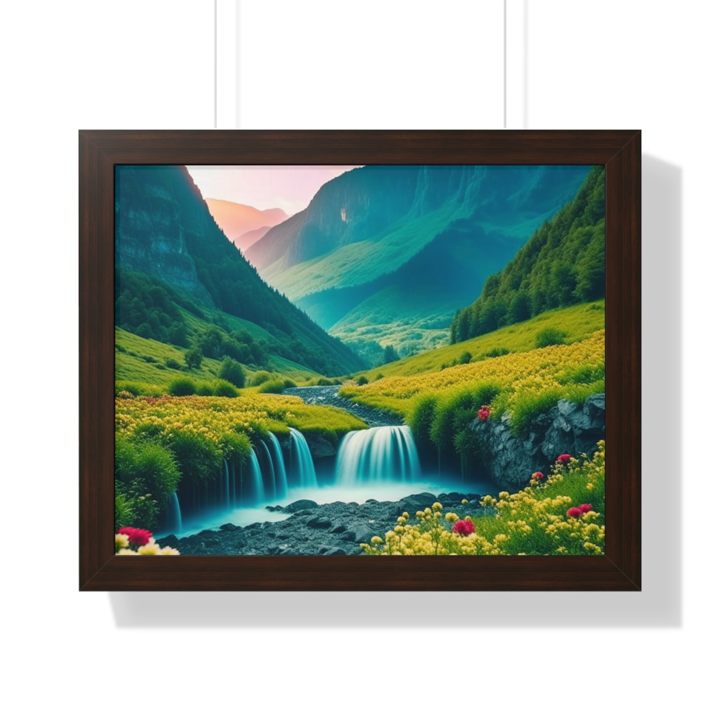 Beautiful Mountain Valley Framed Poster, Waterfall Nature Scene Picture, Flower Blossom Spring Wall Hanging, Flowing River Office Scenery