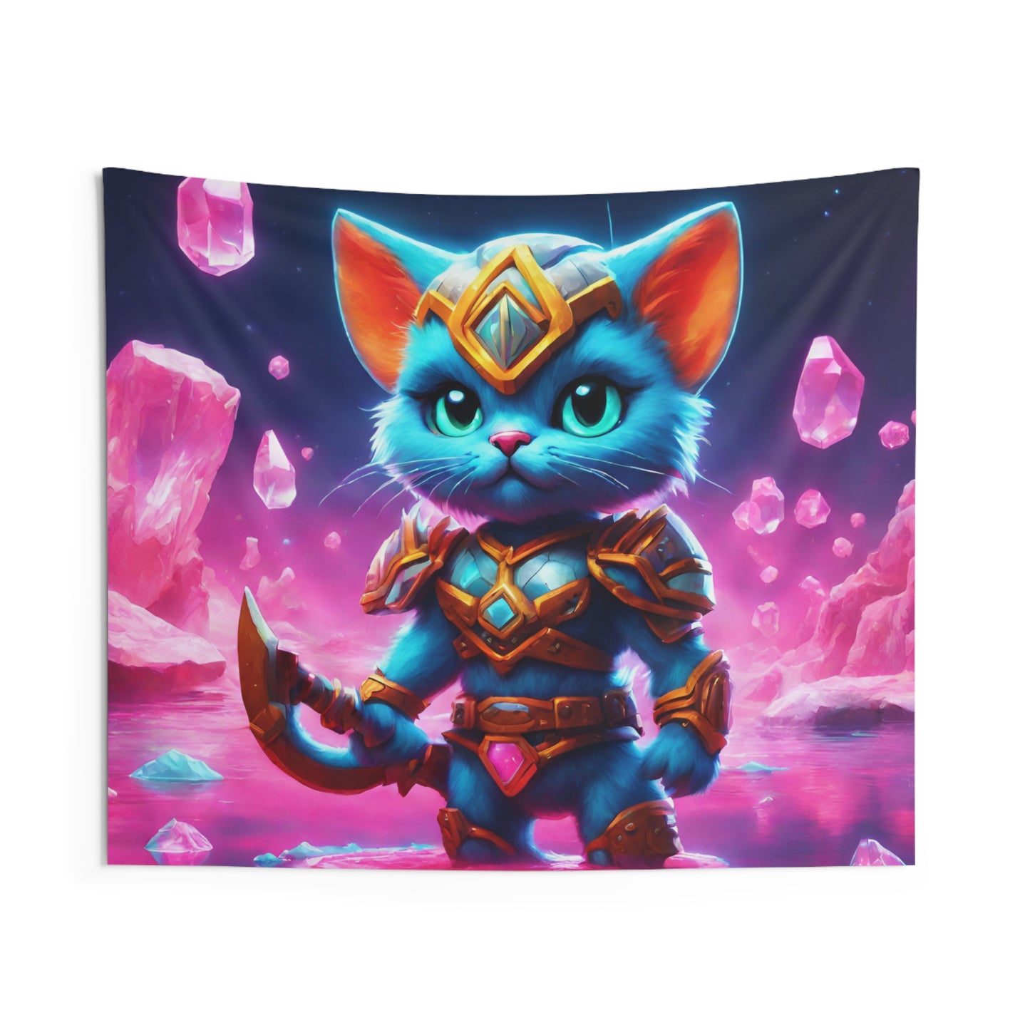 Warrior Cat Crystal Art Tapestry, Blue Armored Kitten Water Cavern Wall Hanging, Pink Glowing Stone Cave Mystical Bed & Game Room Gift