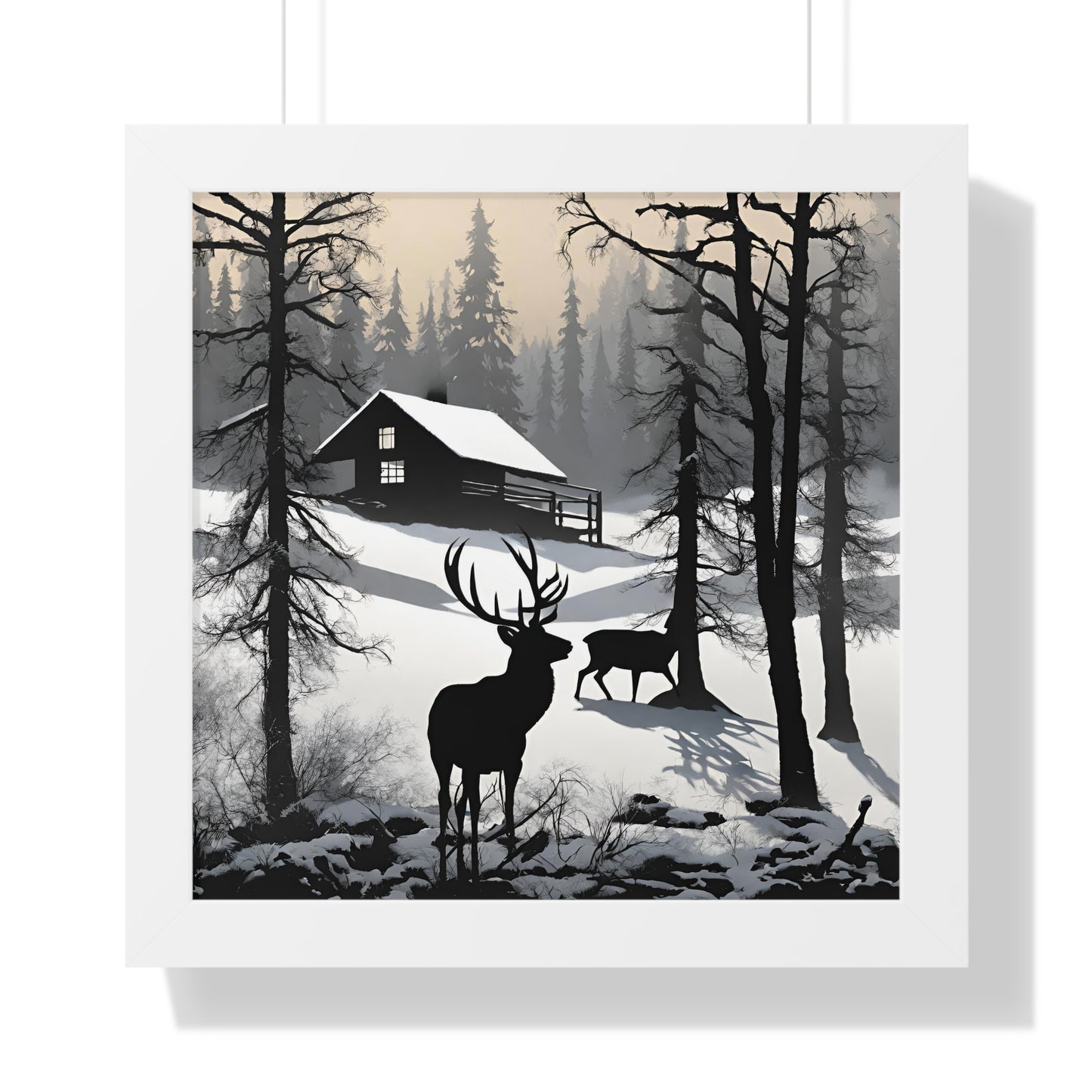 Animal Wall Art, Deer Hunter Picture, Buck Print, Hunting Cabin, Shadow Wall Hanging, Winter Snow Image, Living Room Poster, Framed Art