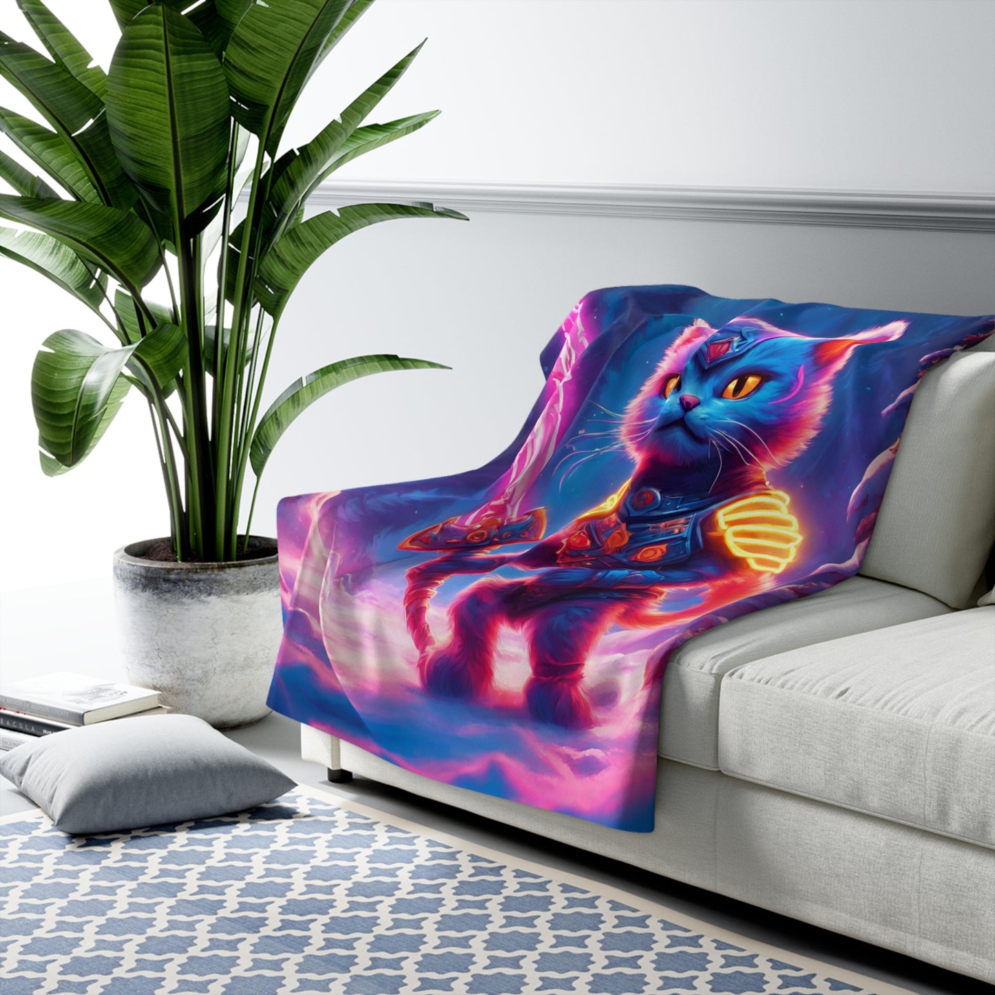 Warrior Cat Blanket, Glowing Kitten Plush Sherpa Blanket, Neon Sword Fleece, Armored Kitty Bed Cover, Winter Fantasy Couch Cover