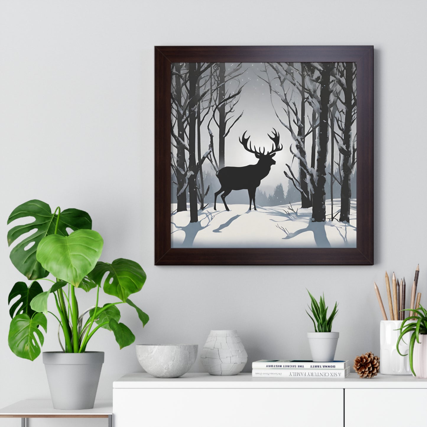 Animal Wall Art, Deer Hunter Picture, Big Buck Print, Hunting Cabin, Shadow Wall Hanging, Winter Snow Image, Living Room Poster, Framed Art