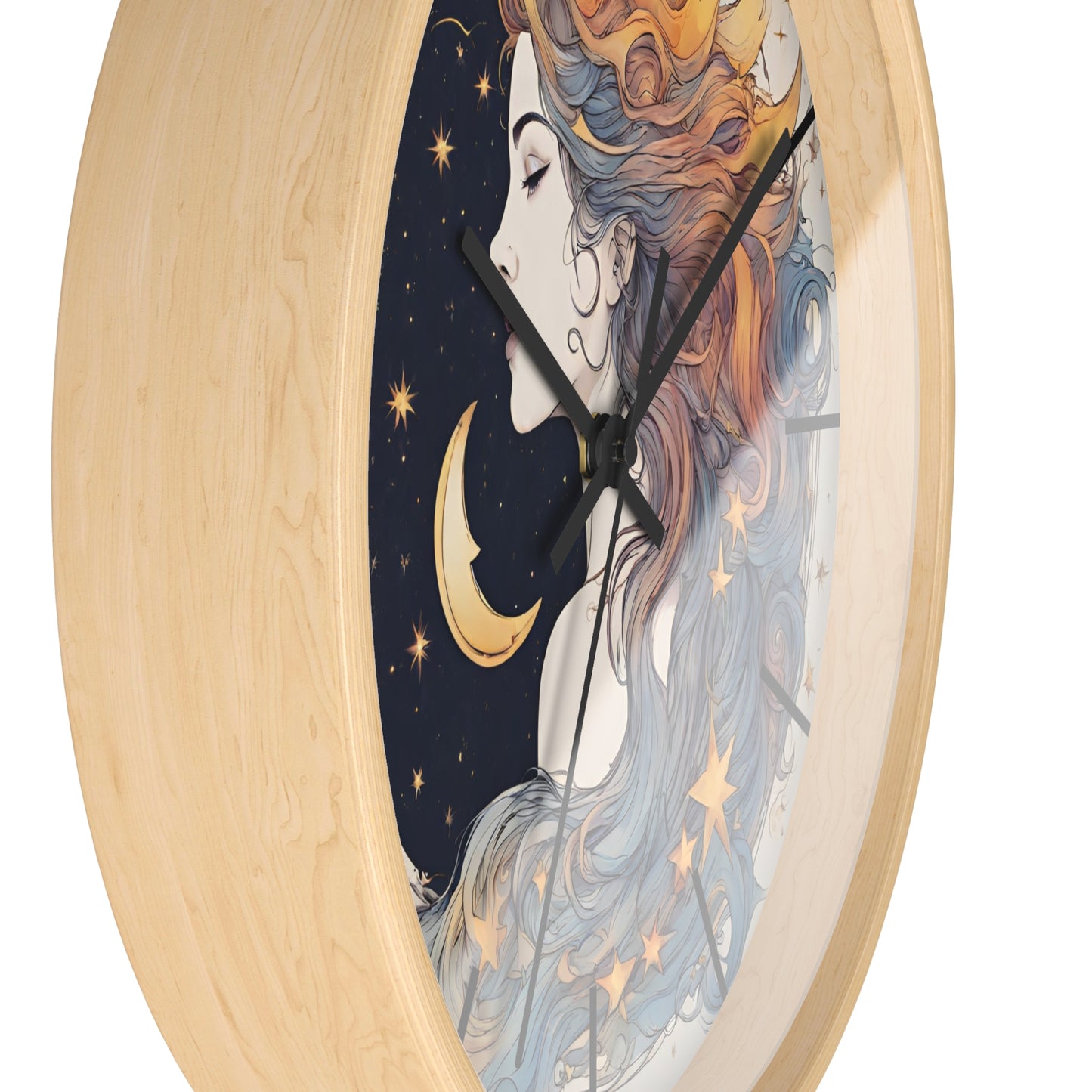 Moon Goddess Lined Wall Art Clock | Lunar Stars & Space Astronomy Wall Hanging | Woman of Time Home Office Solar System Wall Decor Gift