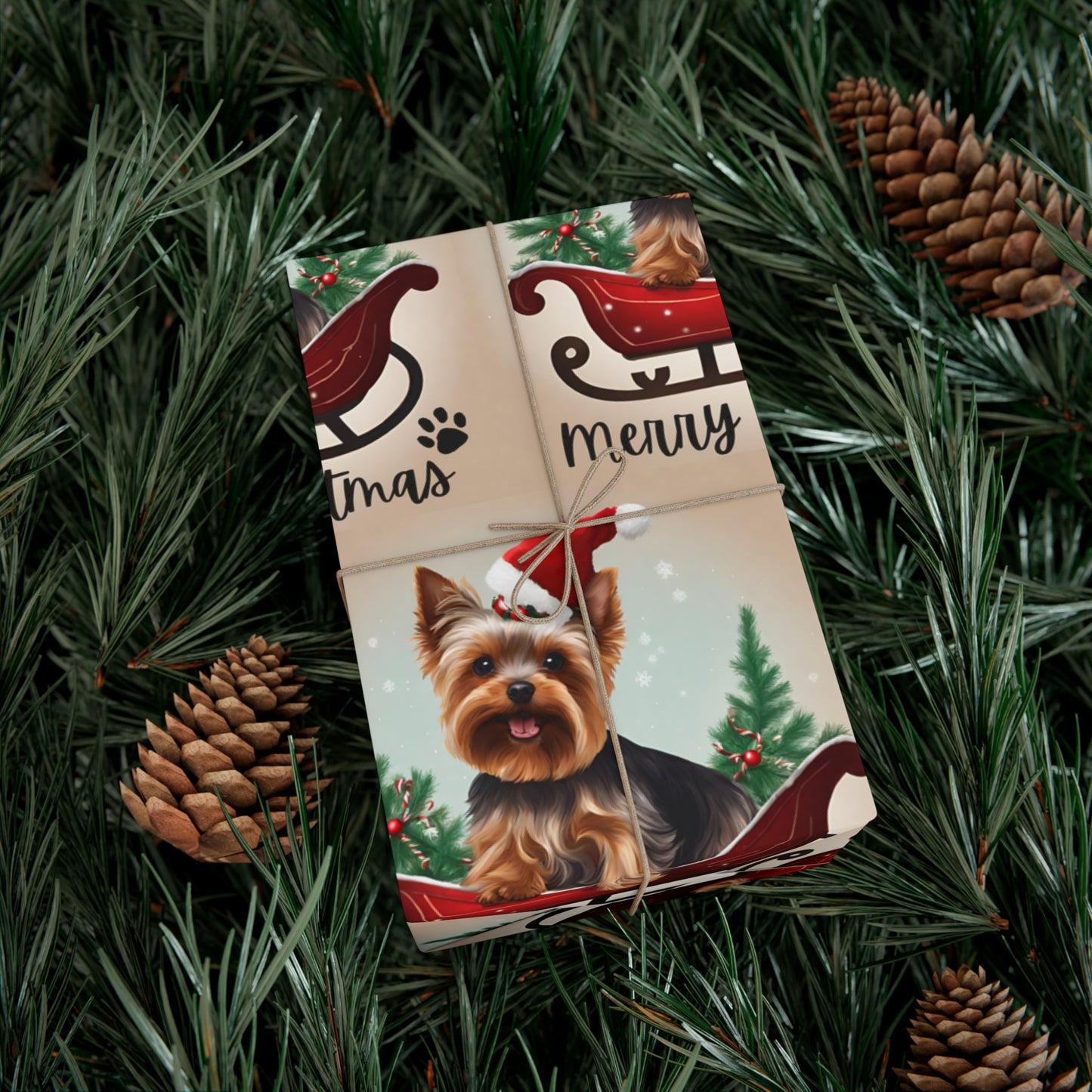 Dog Christmas Wrapping Paper, Yorkshire Terrier Sled Xmas Wrap, Santa Hat Yorkie Gift Wrap, Holiday Gift Wrap Roll