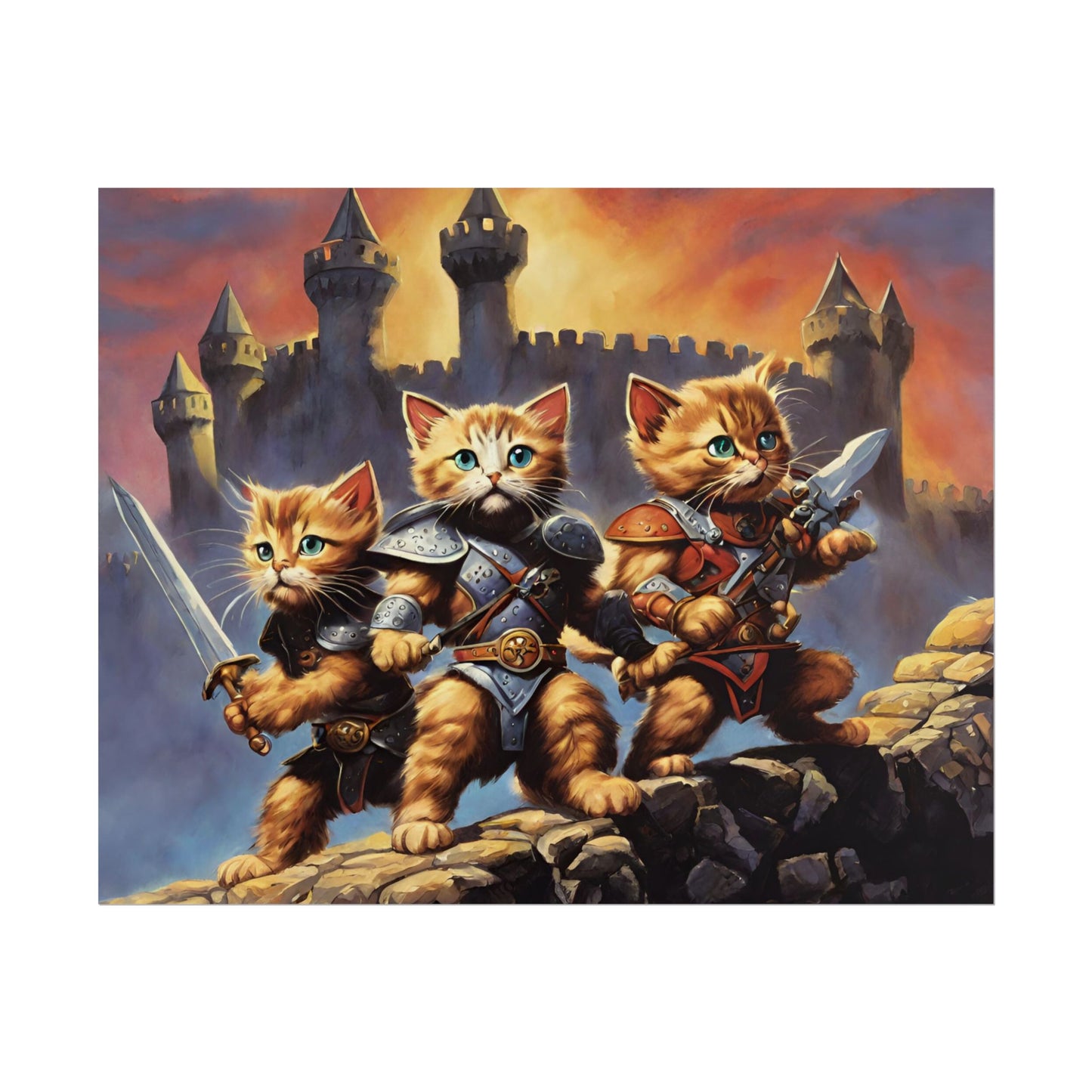 Cat Battler Warrior Poster, Office Bedroom Man Cave Portrait, Sword Wielding Cat Universe, Kitten Fighters Fantasy Wall Hanging